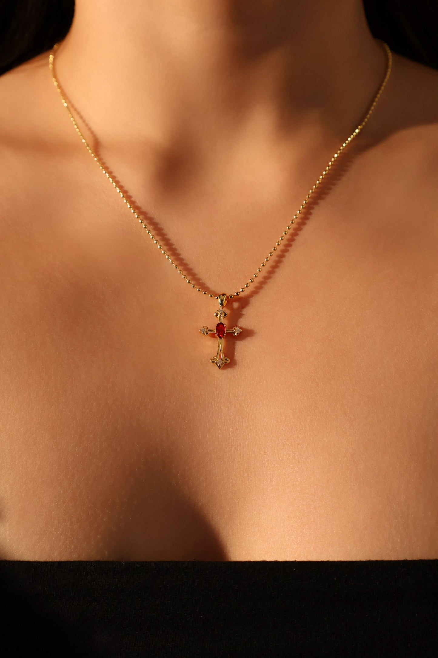 18K Real Gold Plated Ruby Cross Necklace