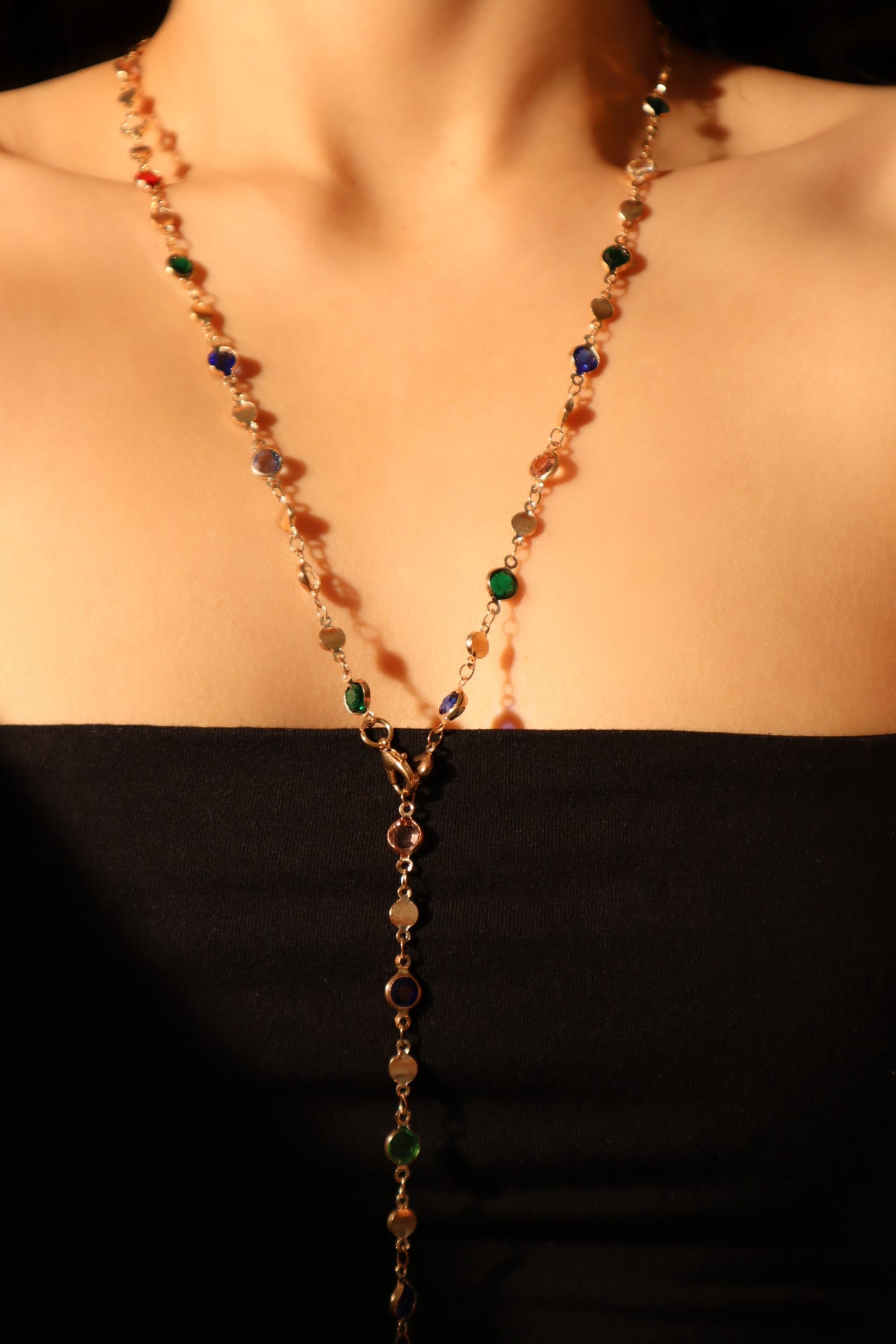 Gold Plated Color Gem Layering Long Necklace (Waist Chain)
