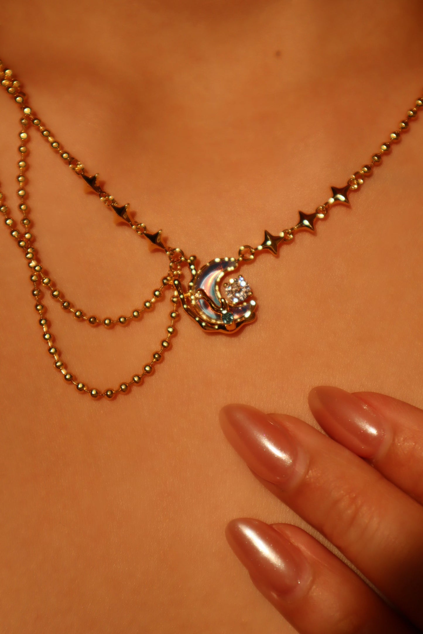 18K Real Gold Plated Diamond Moonstone Moon Necklace