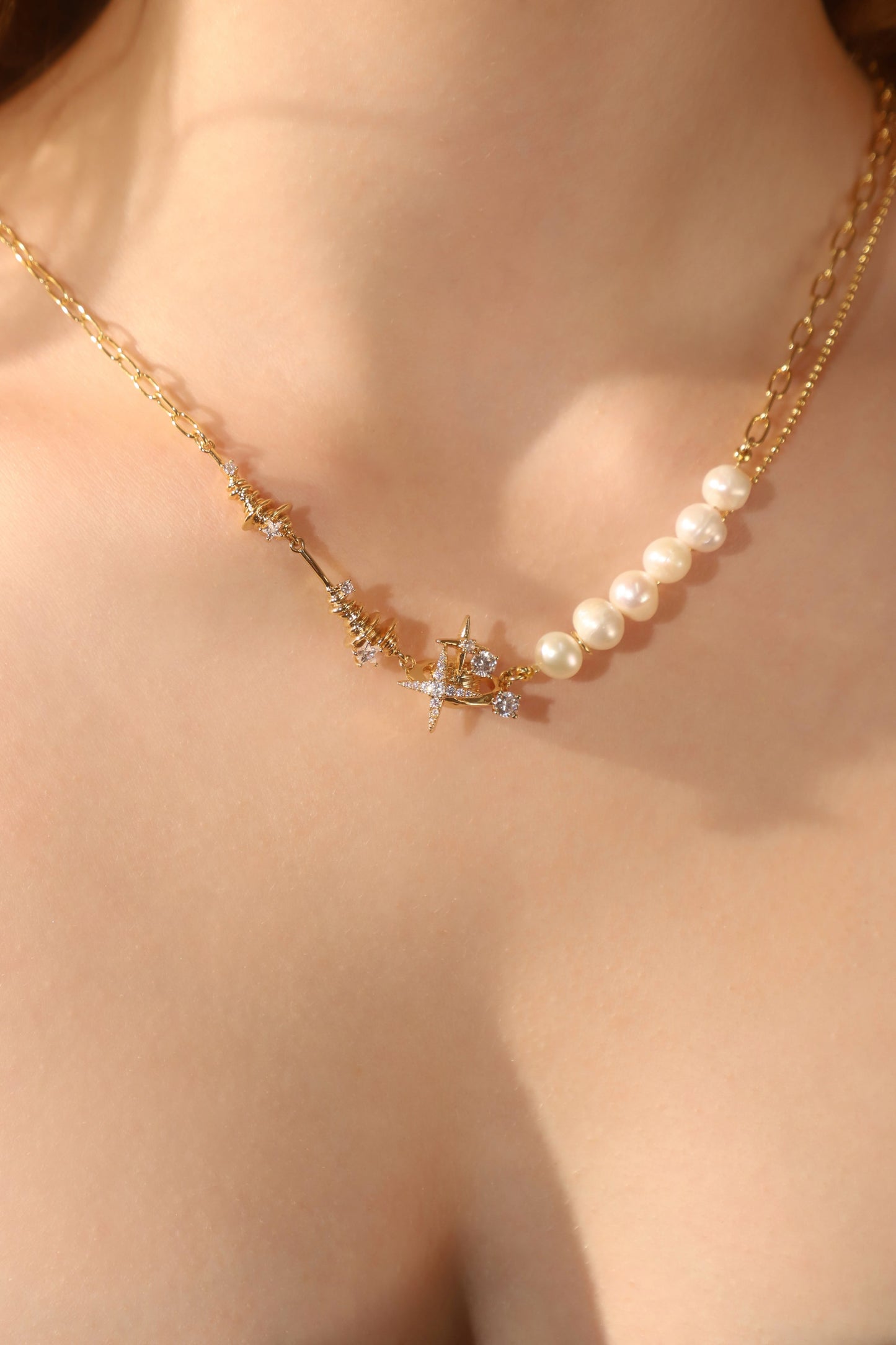 18K Real Gold Plated Diamond Saturn Star Pearl Necklace