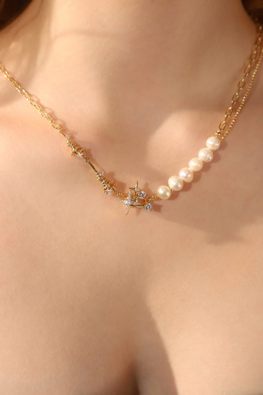 18K Real Gold Plated Diamond Saturn Star Pearl Necklace