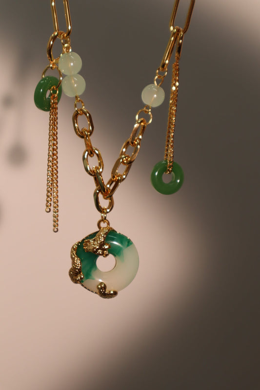 18K Real Gold Plated Jade Dragon Necklace  (EARRINGS INCLUDED)