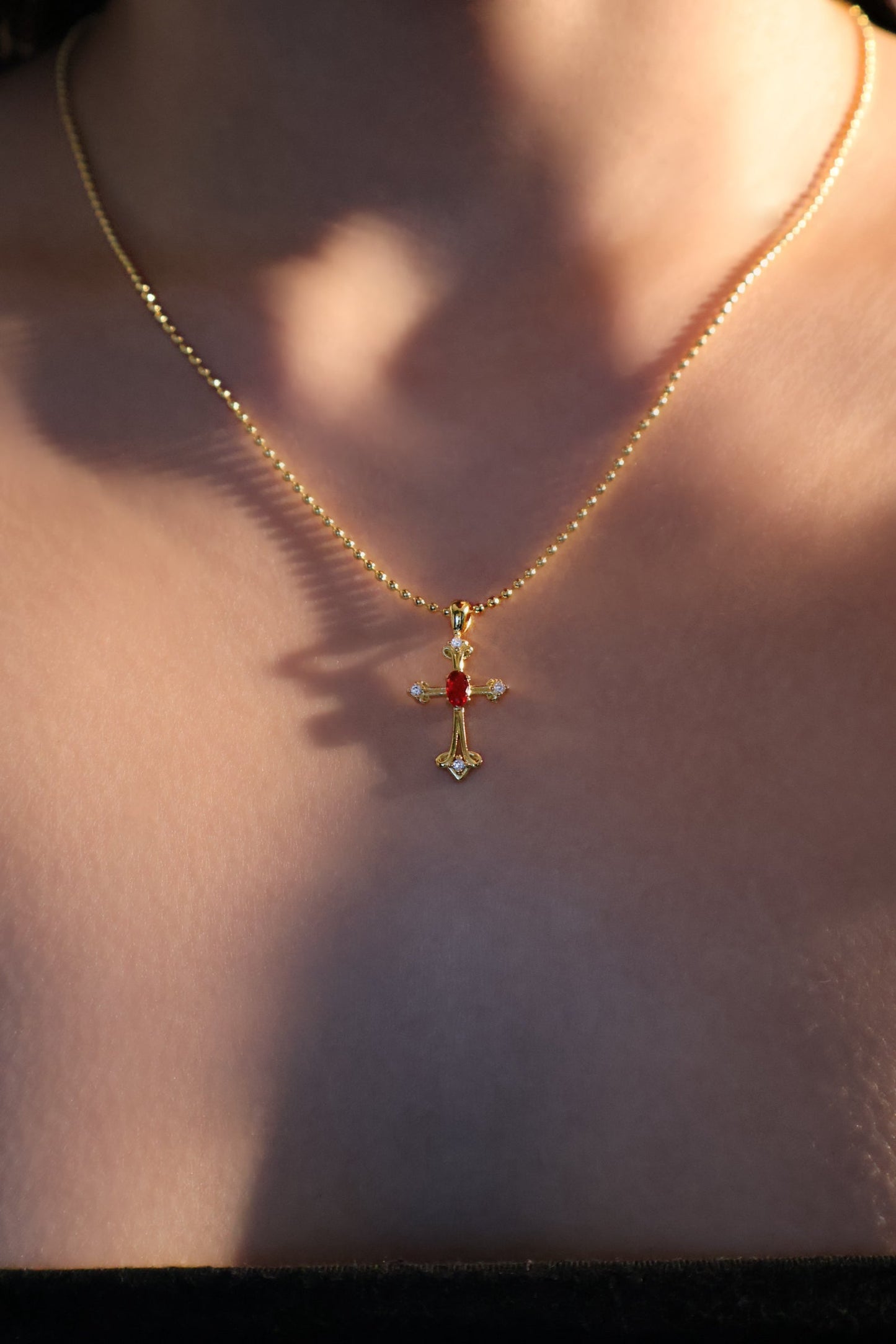 18K Real Gold Plated Ruby Cross Necklace