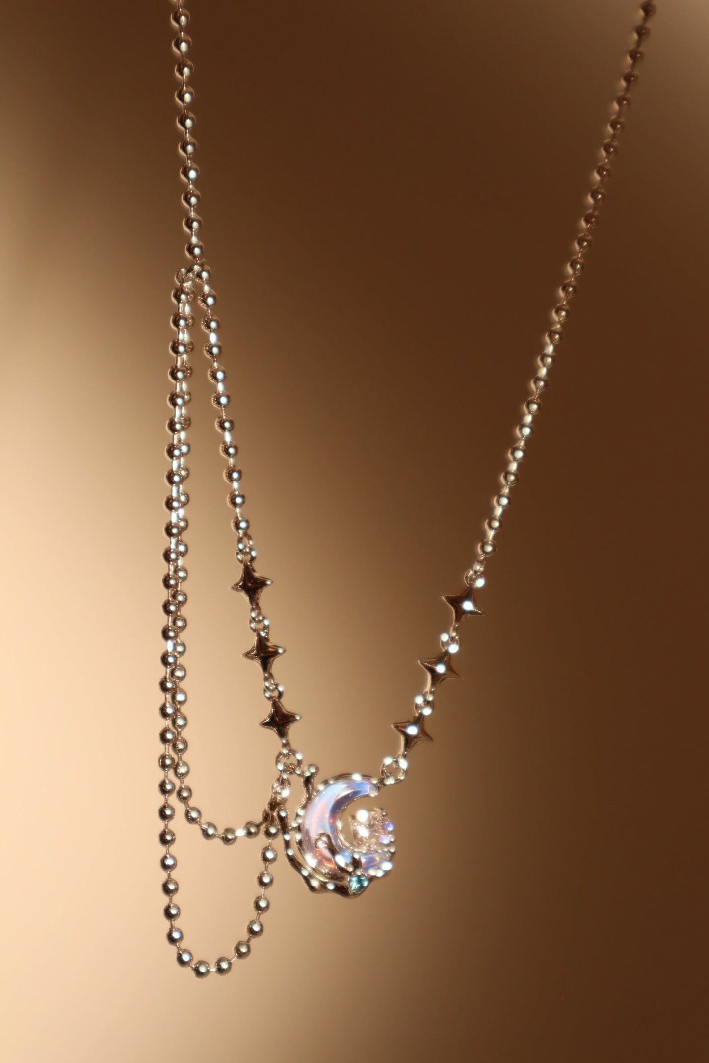 Platinum Plated Diamond Moonstone Moon Necklace