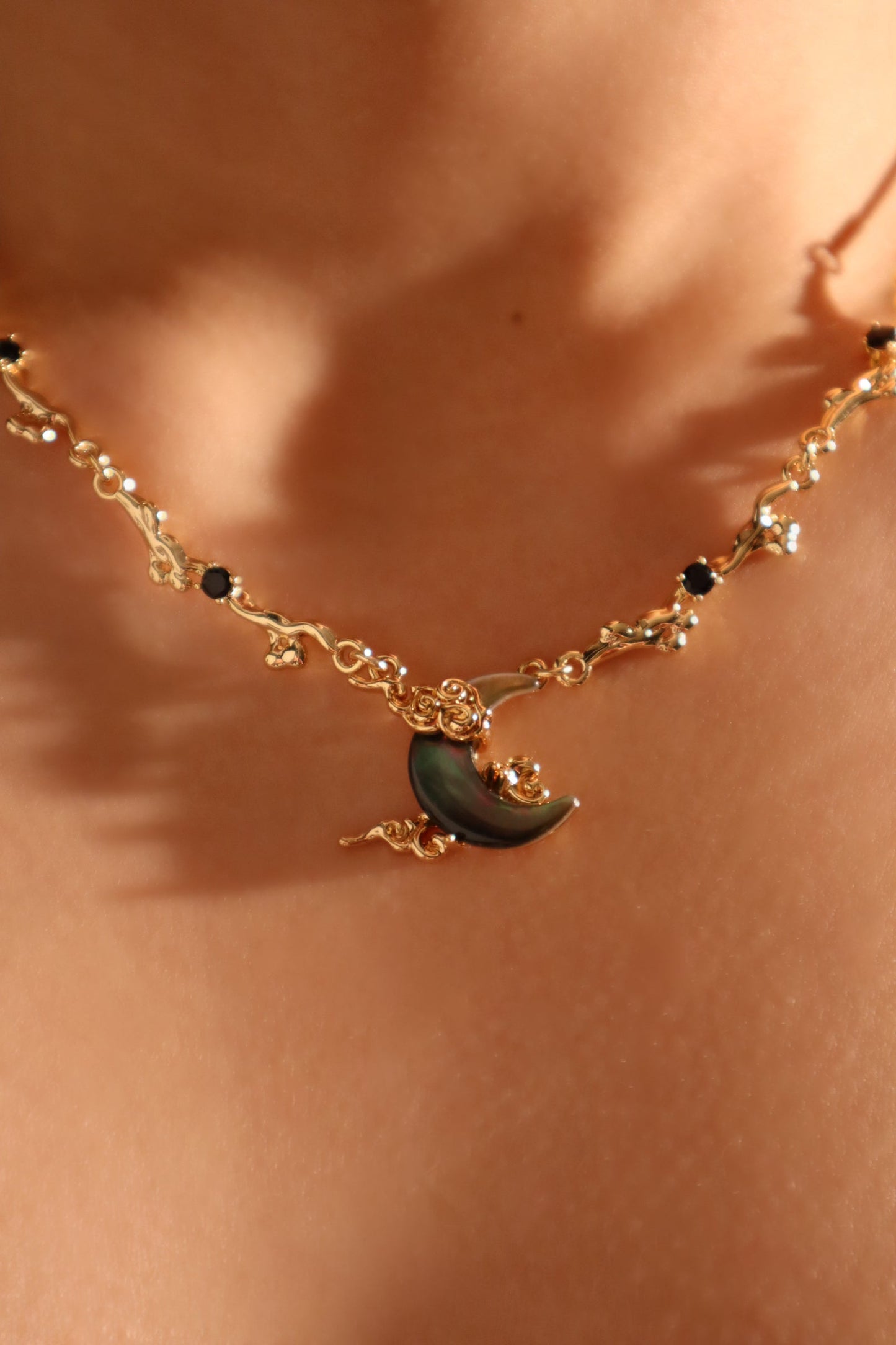 18K Real Gold Plated Black Shell Moon Necklace