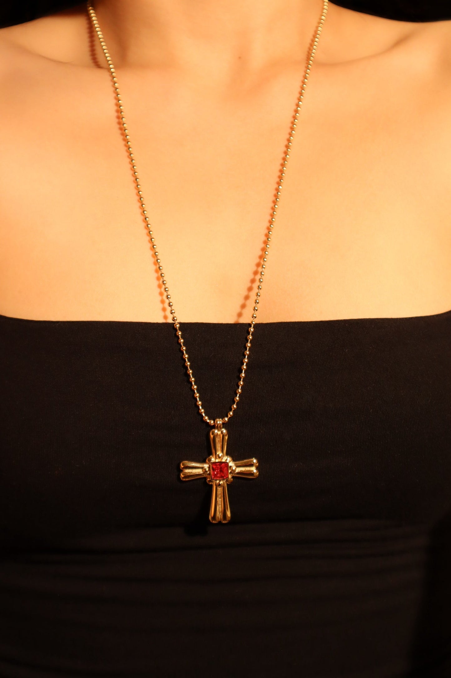 18K Gold Stainless Steel Red Gem Cross Necklace