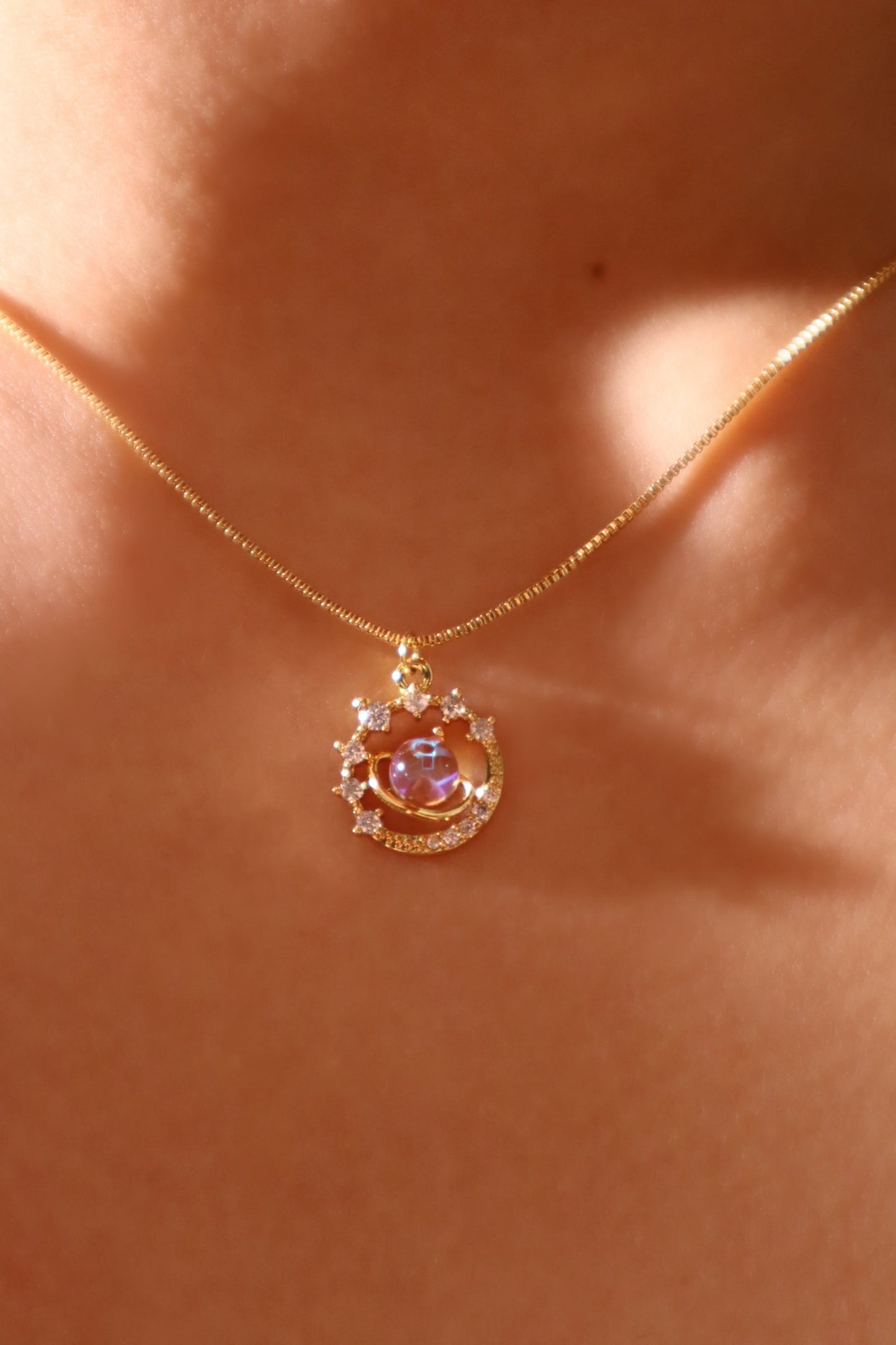 14K Real Gold Plated Moonstone Saturn Star Necklace