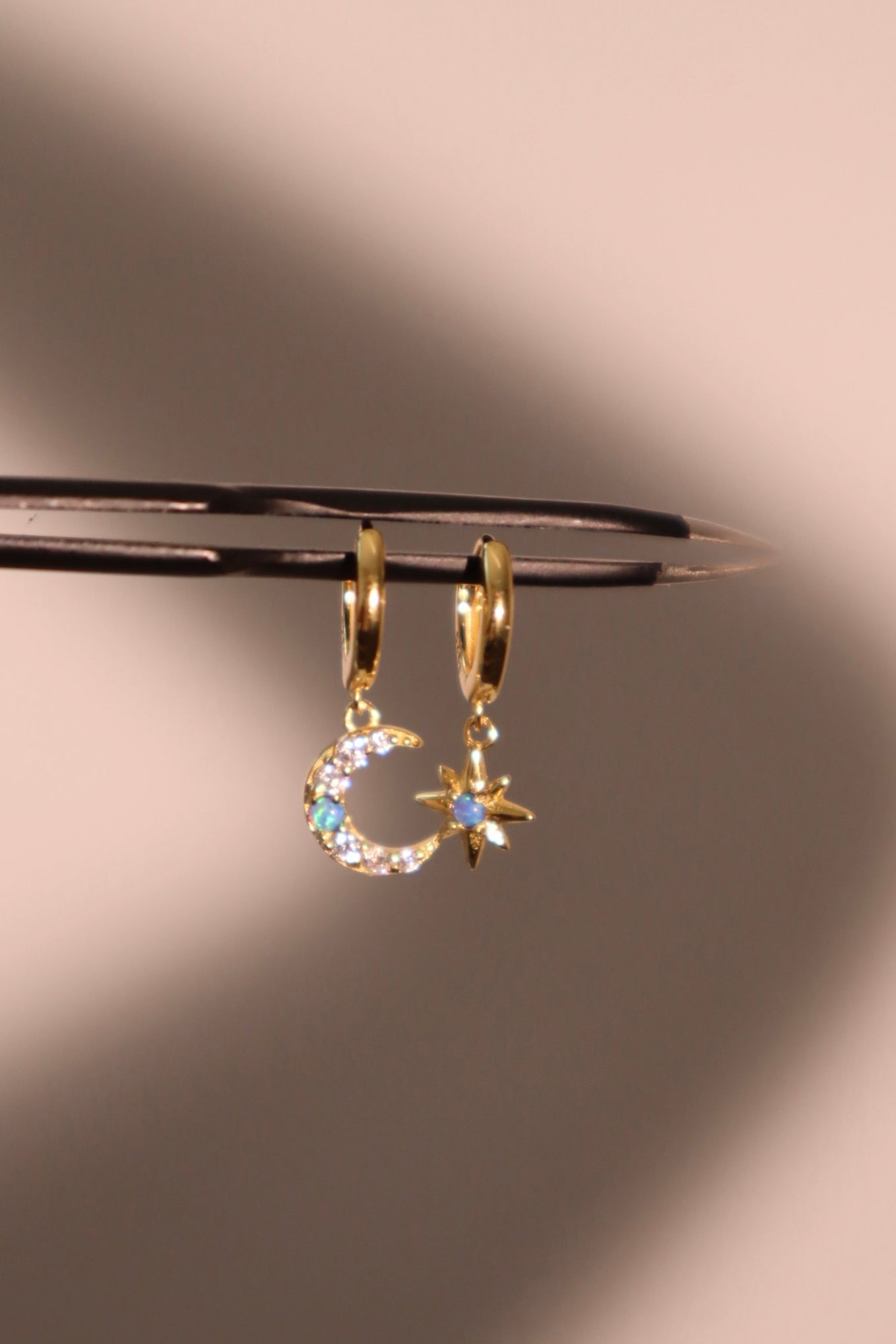 18K Gold Vermeil Moon Star Blue Opal Earrings