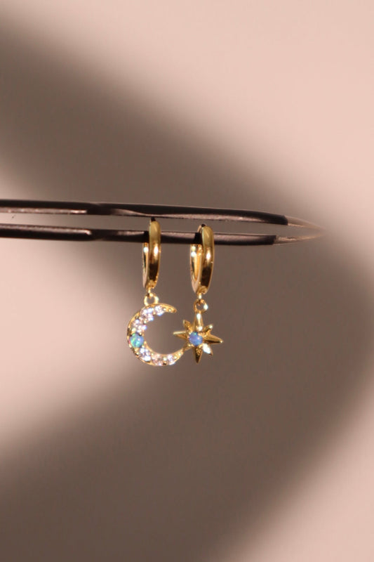 18K Gold Vermeil Moon Star Blue Opal Earrings