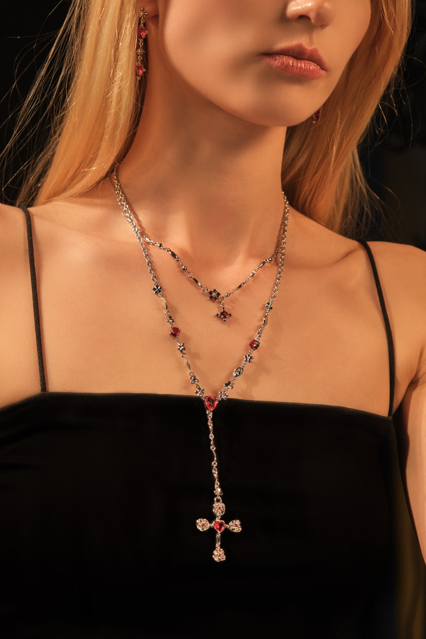 Platinum Plated Red Gem Cross Lariat Necklace