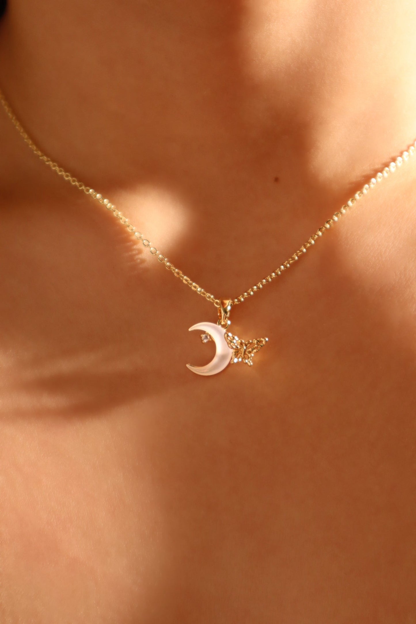 18K Real Gold Plated Shell Moon Butterfly Necklace