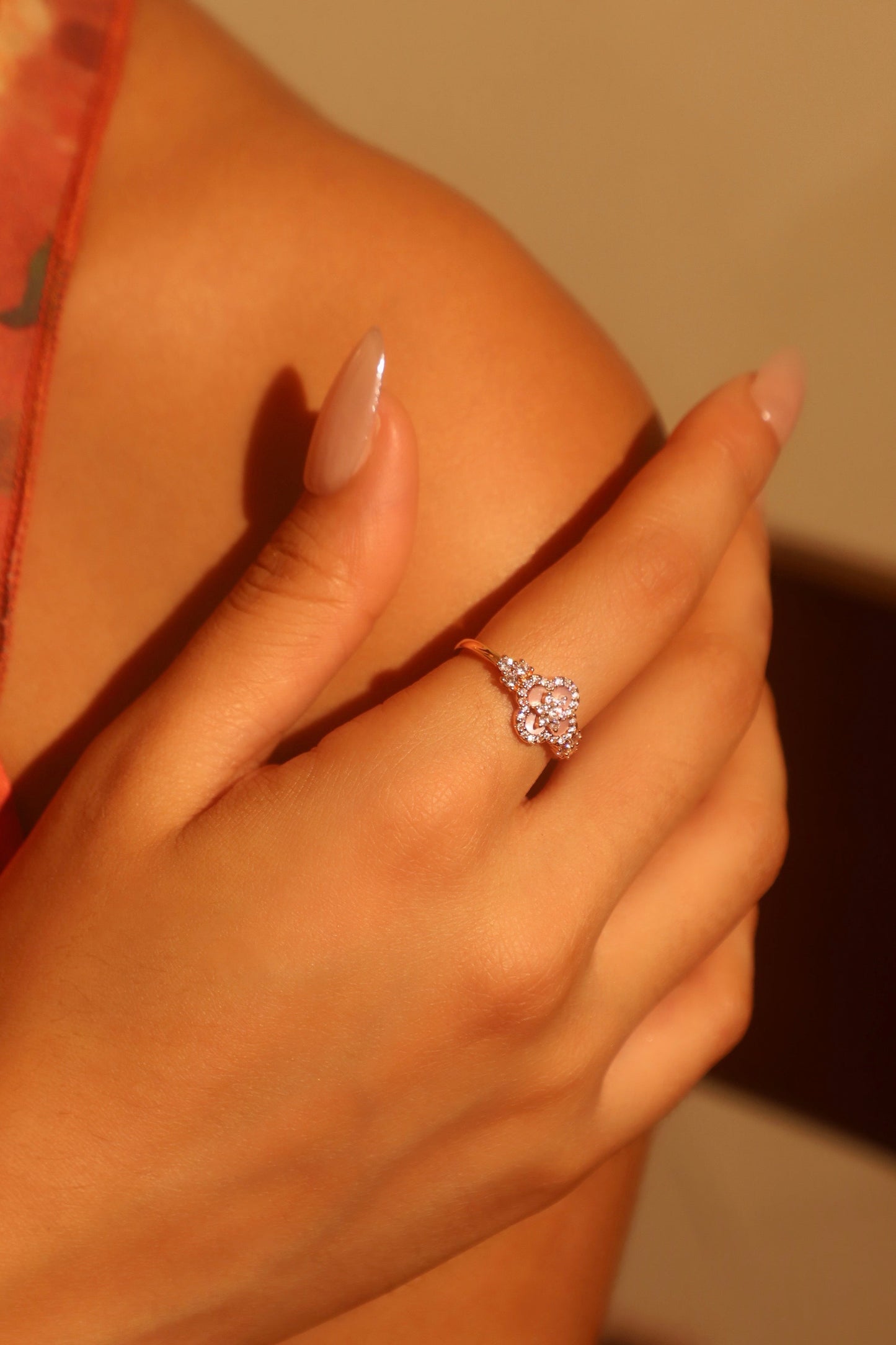 18K Rose Gold Plated Pink Lucky Leaf Shell Pearls Ring