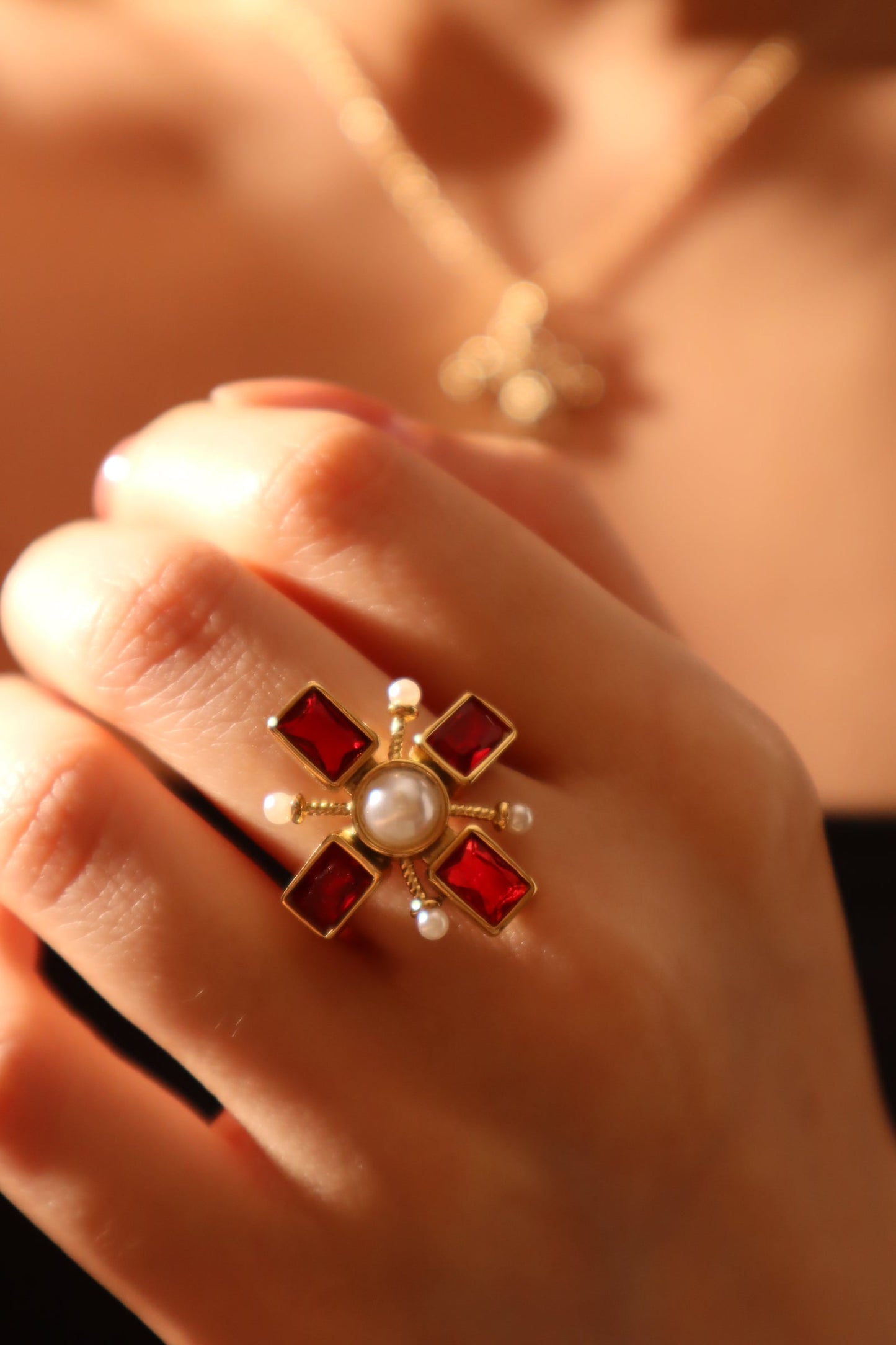 18K Gold Stainless Steel Red Cross Pearl Ring