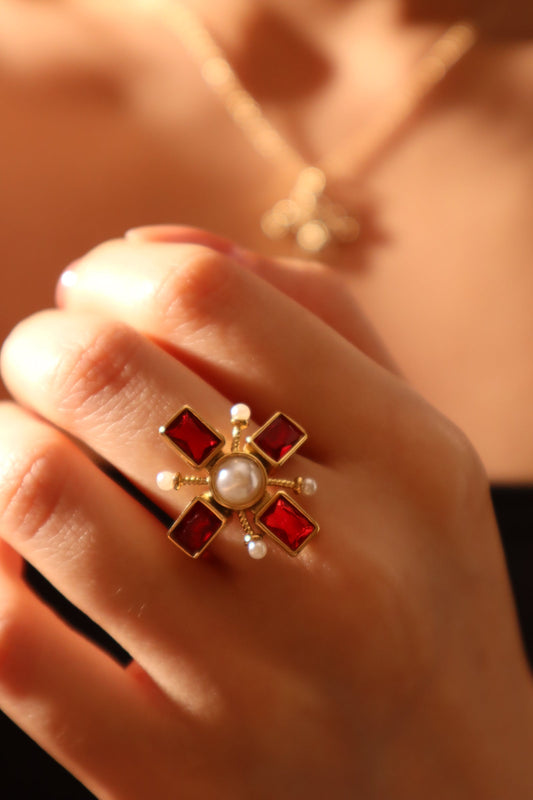 18K Gold Stainless Steel Red Cross Pearl Ring