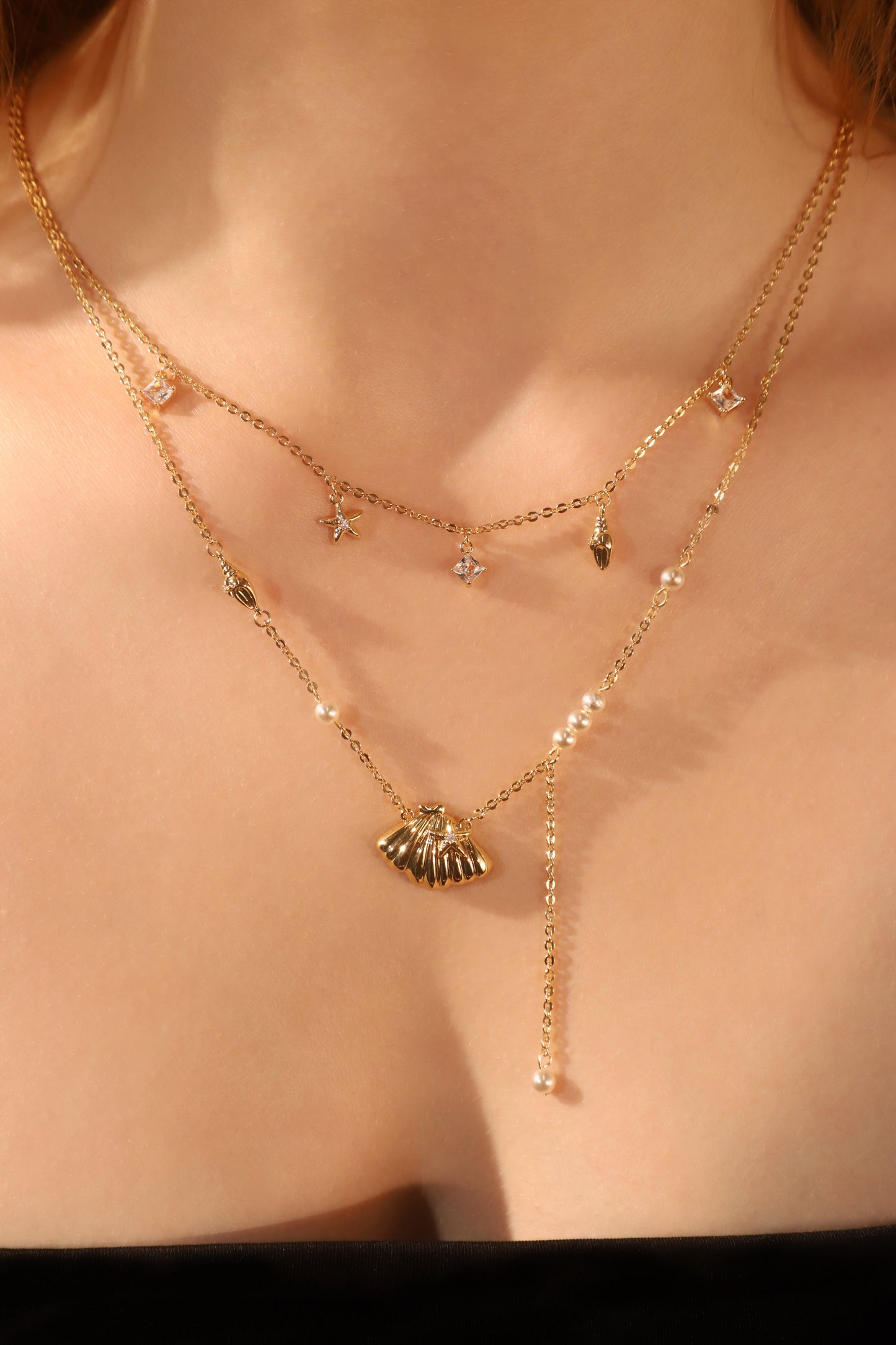 18K Real Gold Plated Shell Starfish Pearls Layer Necklace