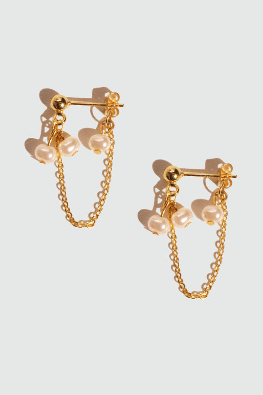 18K Real Gold Plated Pearl Chain Hoop Earrings