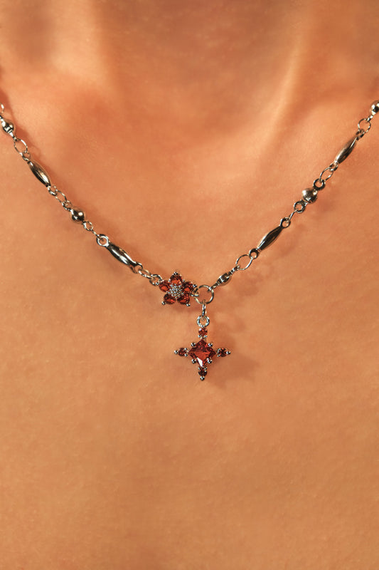 Platinum Plated Garnet Diamond Cross Necklace