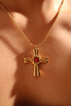 18K Gold Stainless Steel Red Gem Cross Necklace