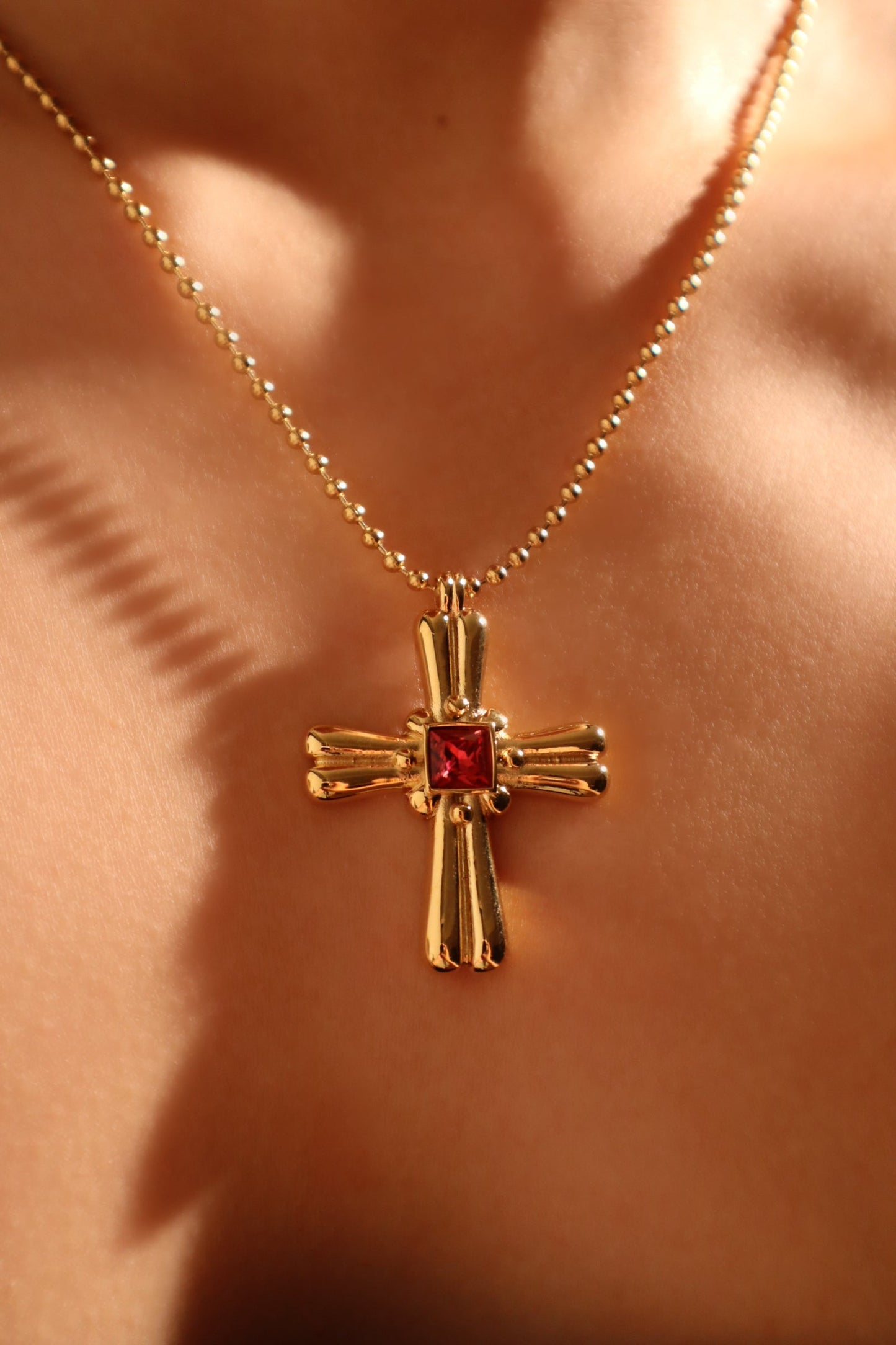 18K Gold Stainless Steel Red Gem Cross Necklace