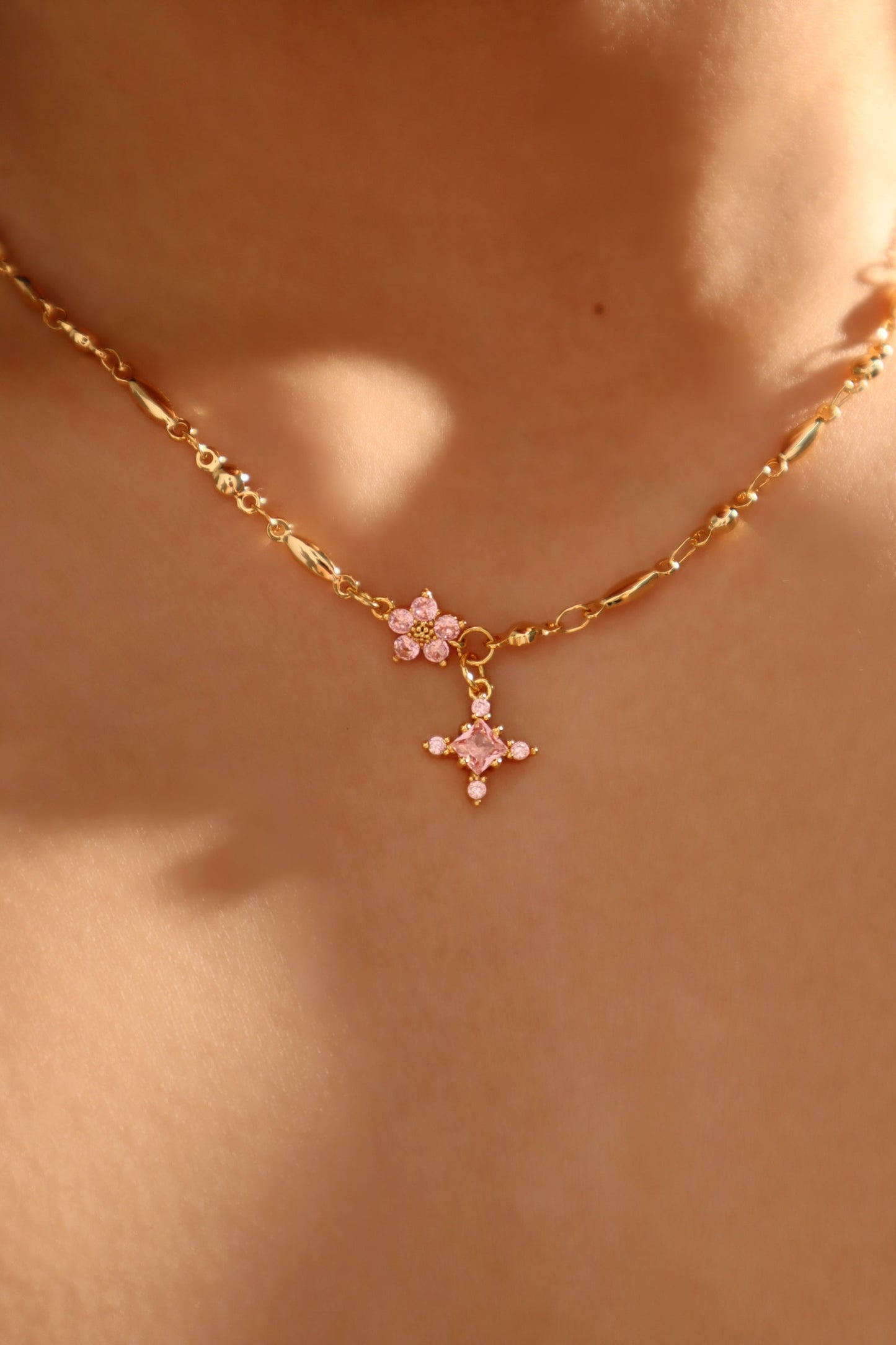 18K Real Gold Plated Pink Diamond Cross Necklace