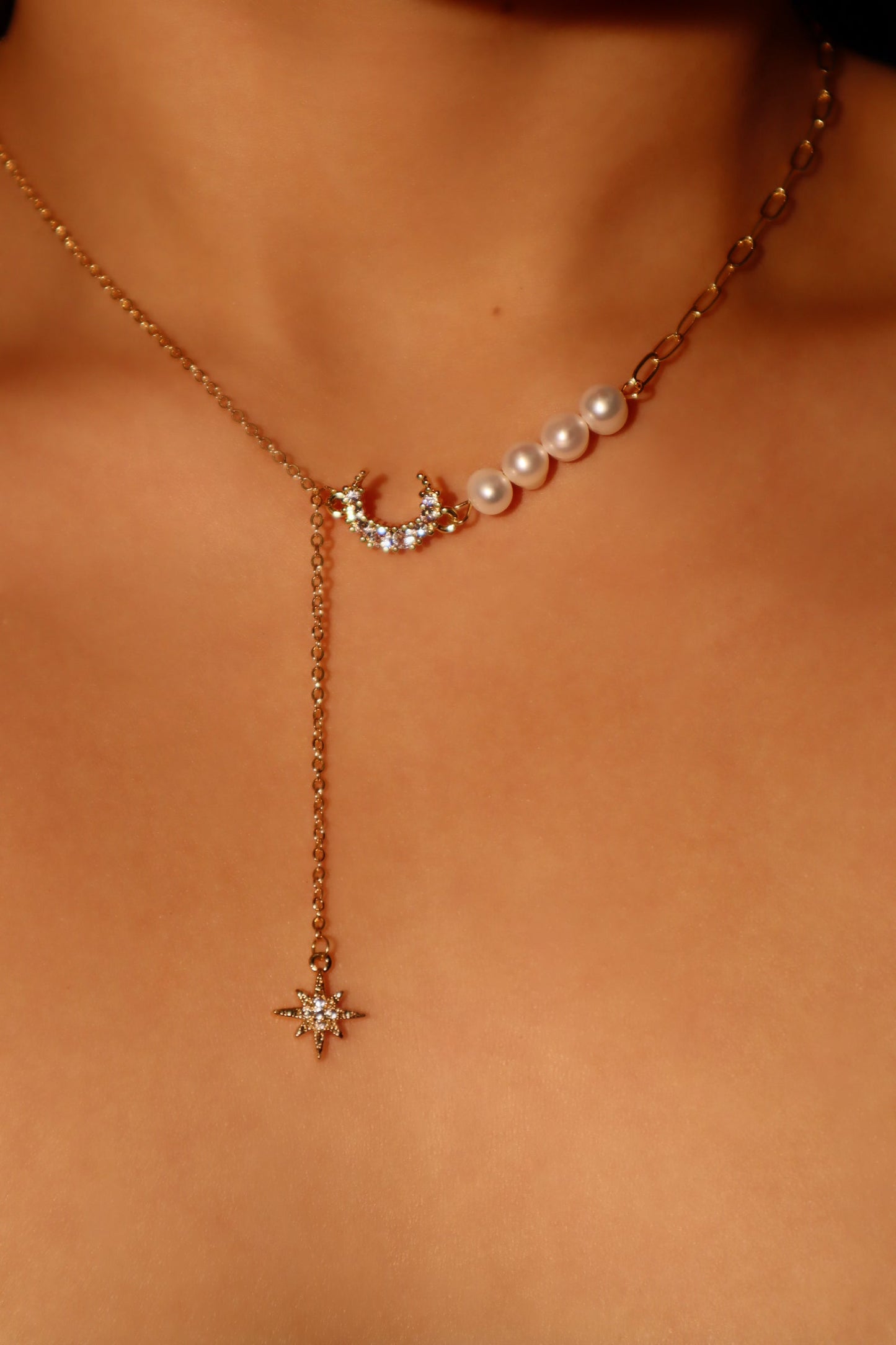 14K Real Gold Plated Pearl Moon Star Necklace