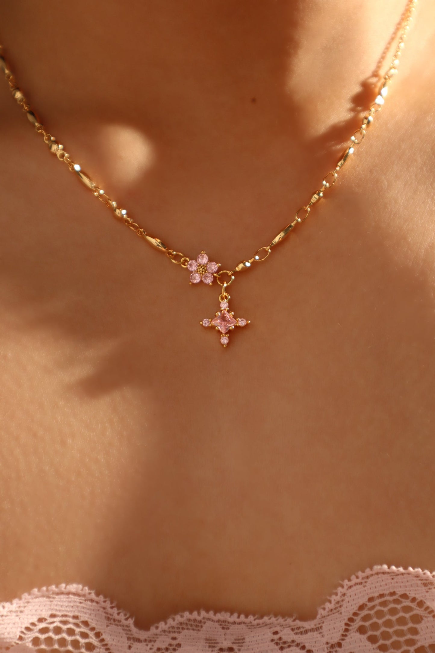 18K Real Gold Plated Pink Diamond Cross Necklace