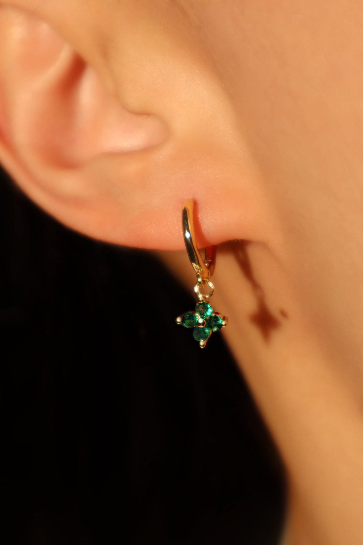 18K Real Gold Plated Green Gem Lucky Leaf Hoop Earrings