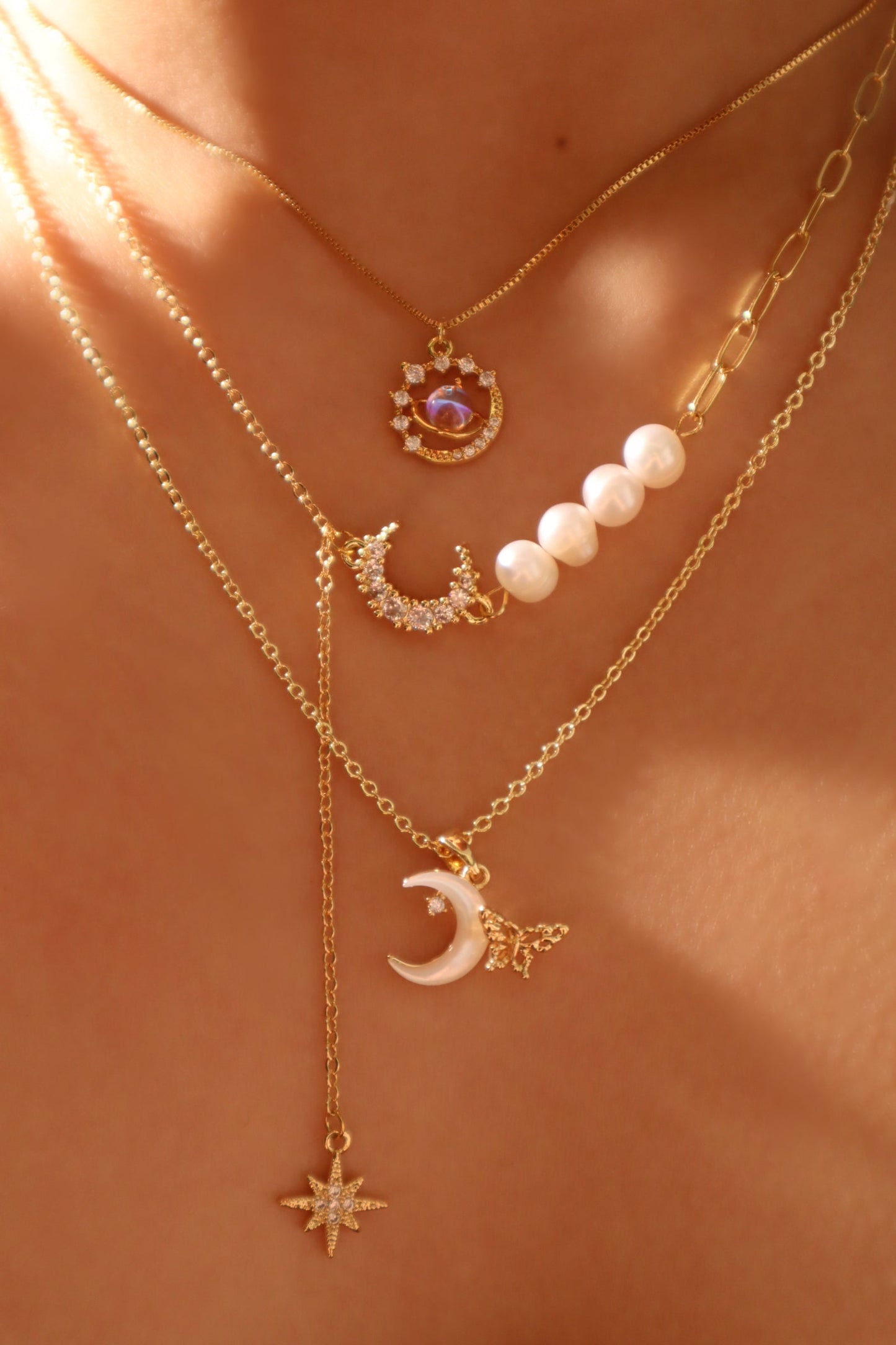 18K Real Gold Plated Shell Moon Butterfly Necklace
