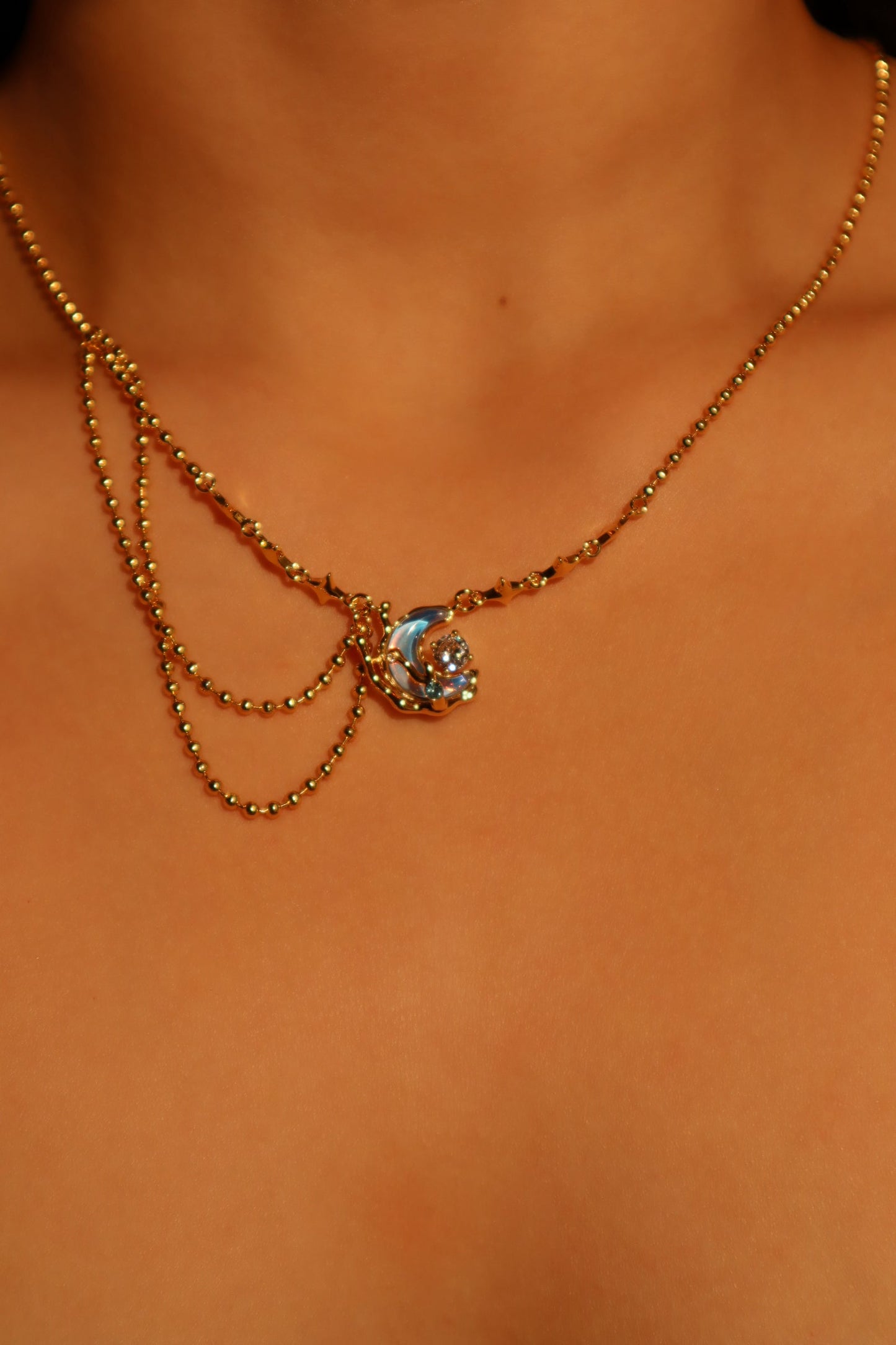 18K Real Gold Plated Diamond Moonstone Moon Necklace