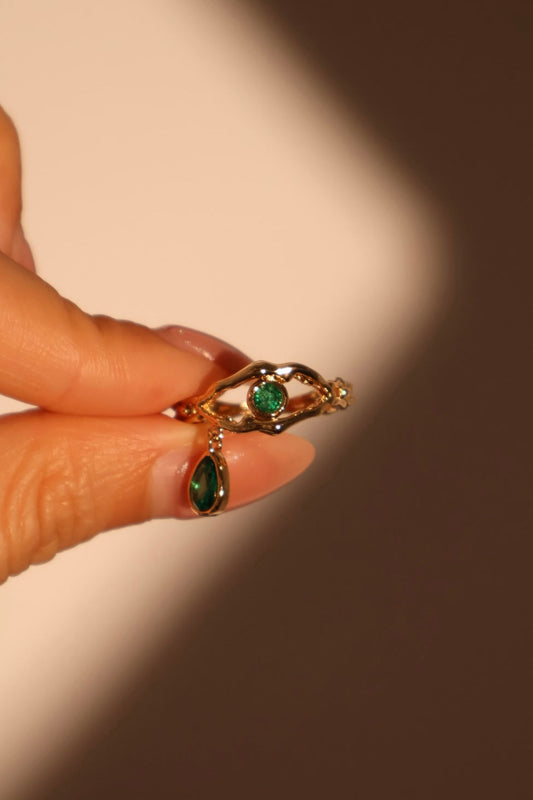 18K Real Gold Plated Green Gem Eye Ring