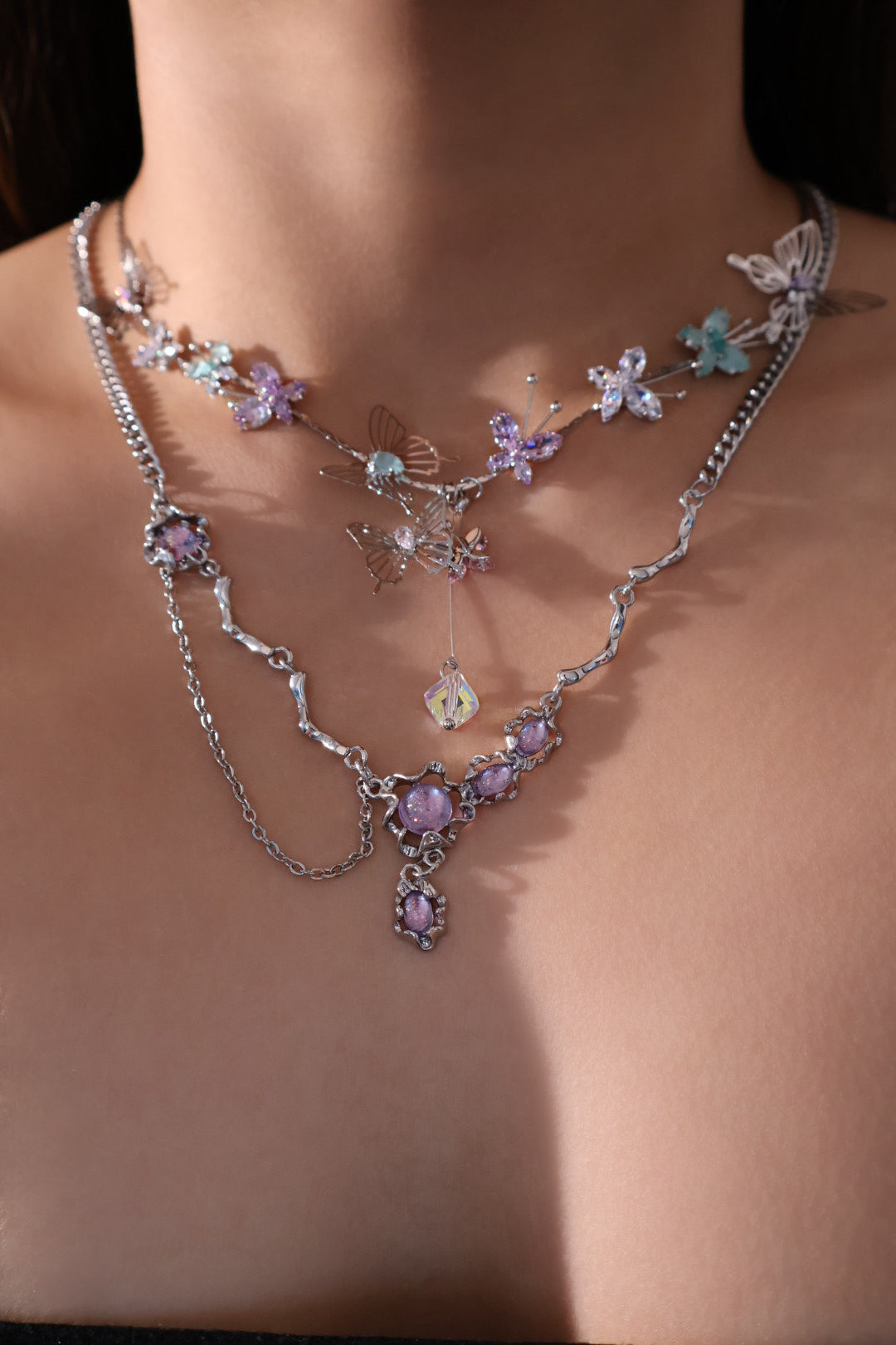 Platinum Plated Purple Glitter Gem Dangle Necklace