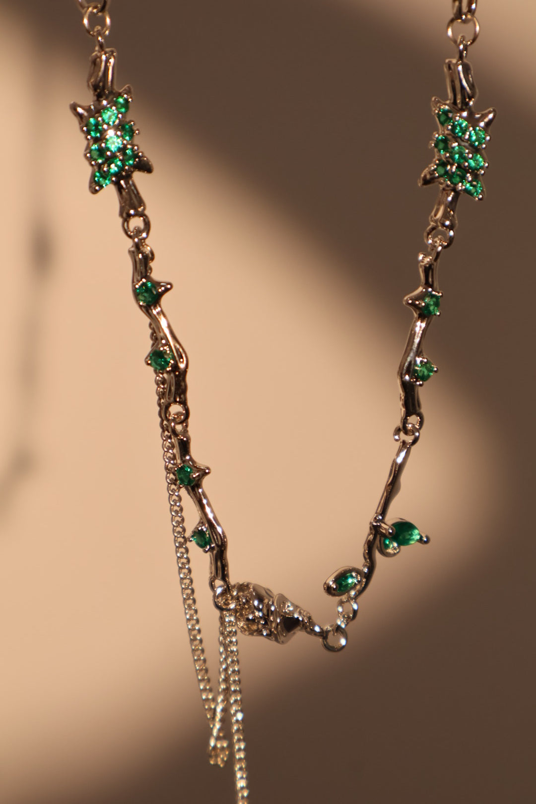 Platinum Plated Green Gem Rose Necklace