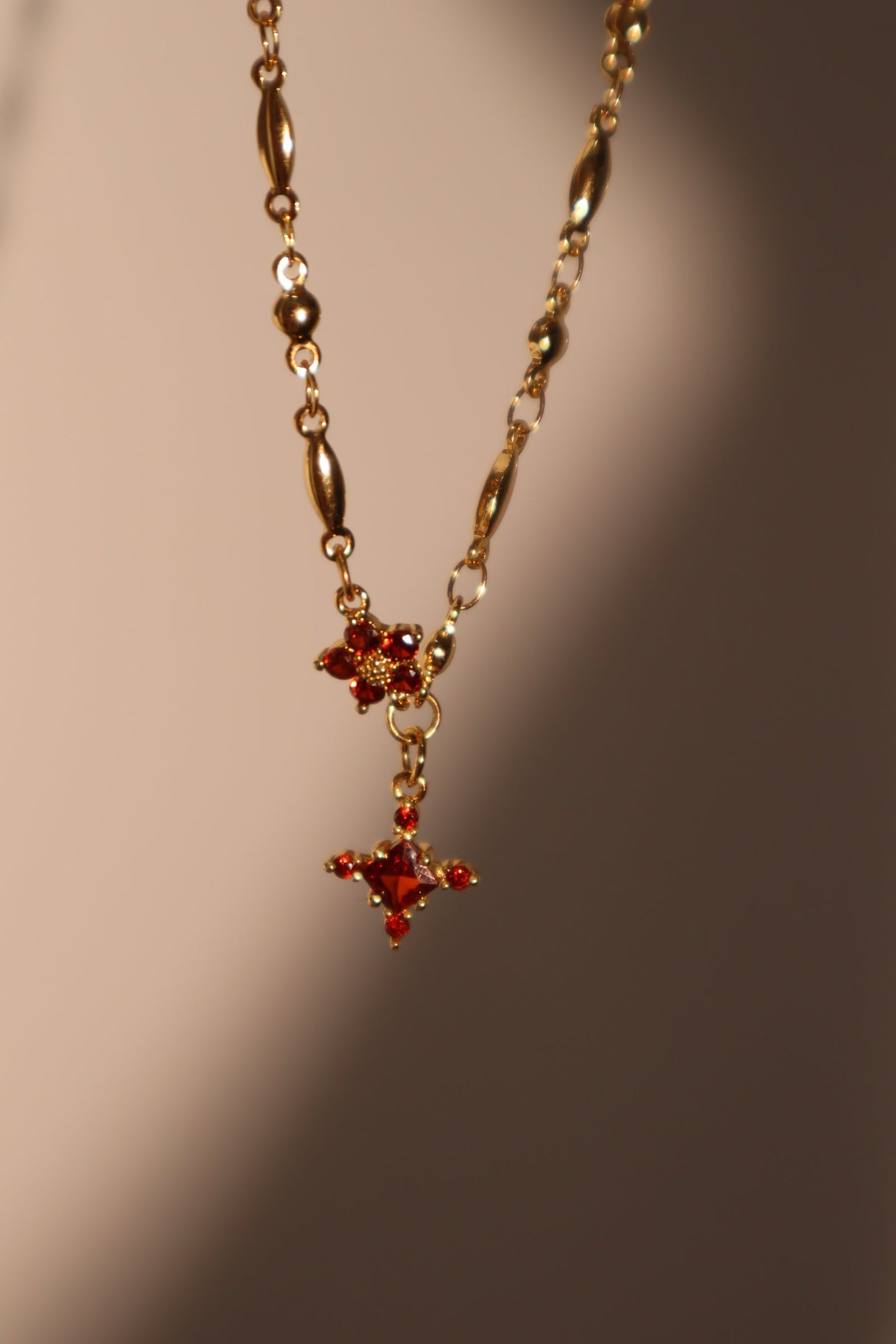 18K Real Gold Plated Garnet Diamond Cross Necklace