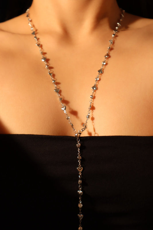 Platinum Plated Diamond Heart Layering Long Necklace (Waist Chain)