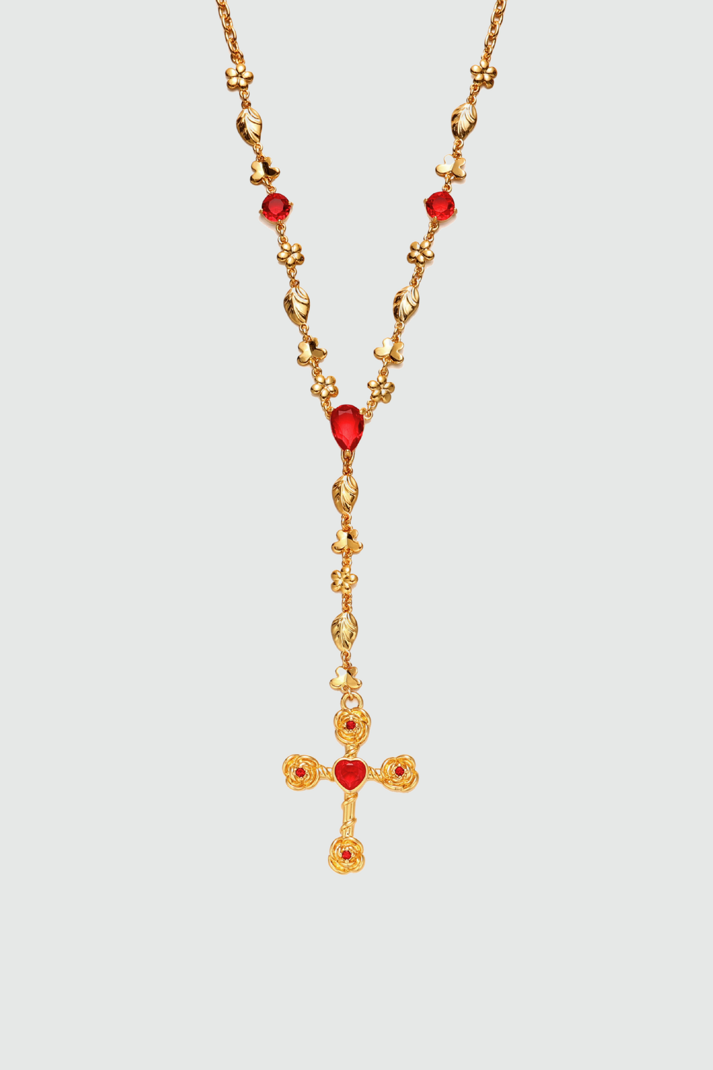 18K Real Gold Plated Red Gem Cross Lariat Necklace