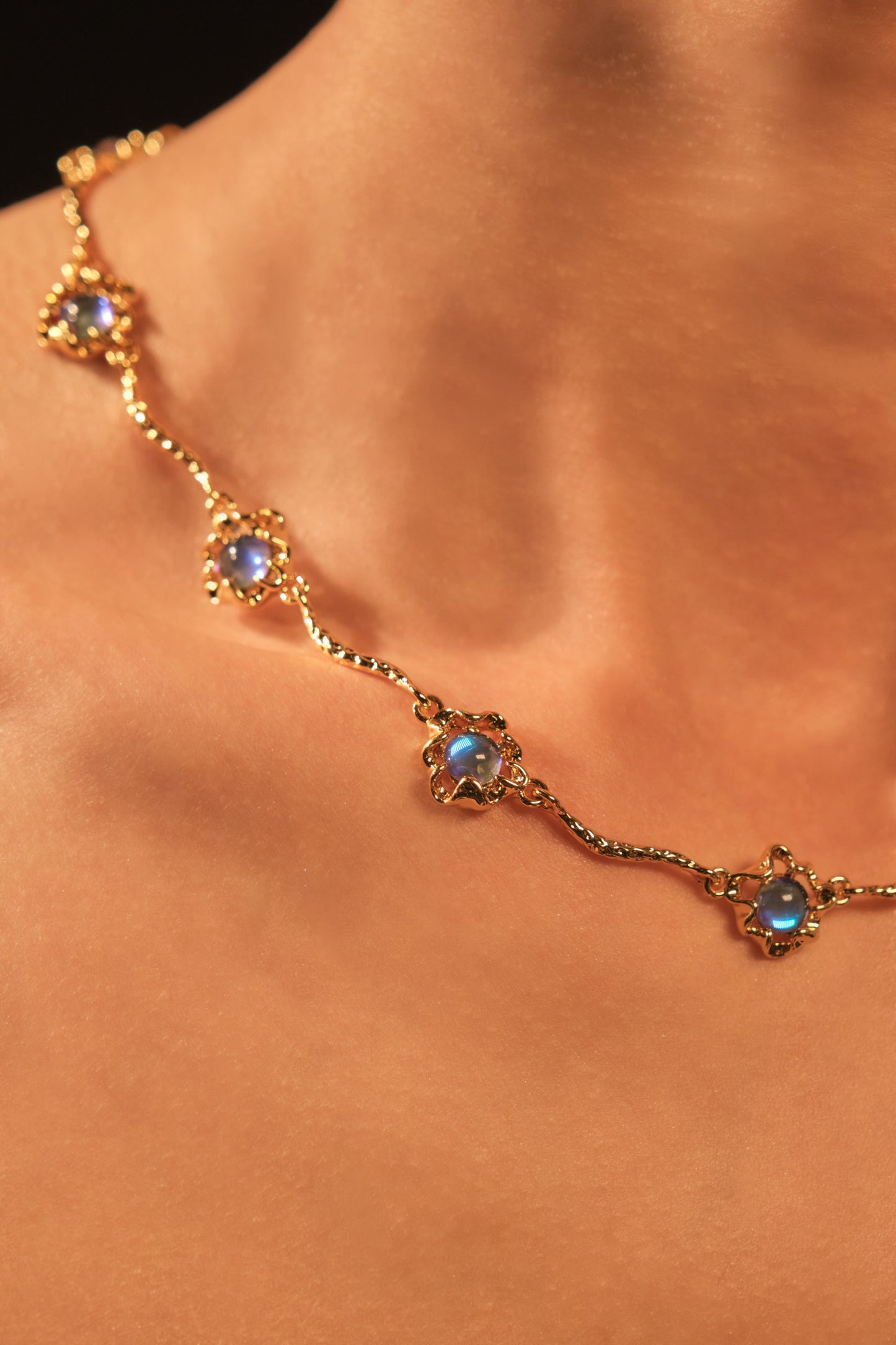 18K Real Gold Plated Multi Deep Blue Moonstones Necklace