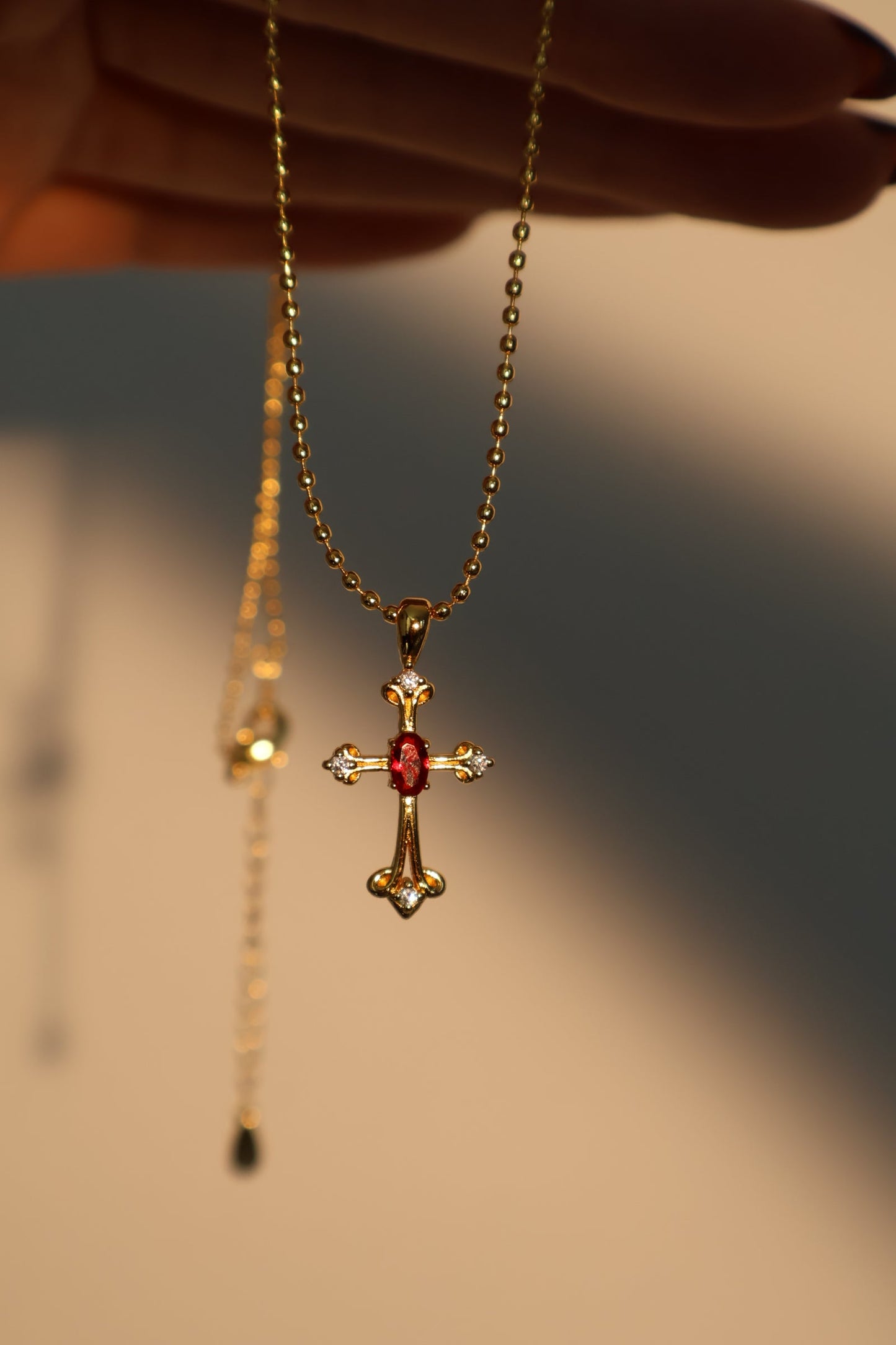 18K Real Gold Plated Ruby Cross Necklace