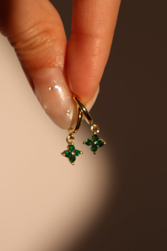 18K Real Gold Plated Green Gem Lucky Leaf Hoop Earrings