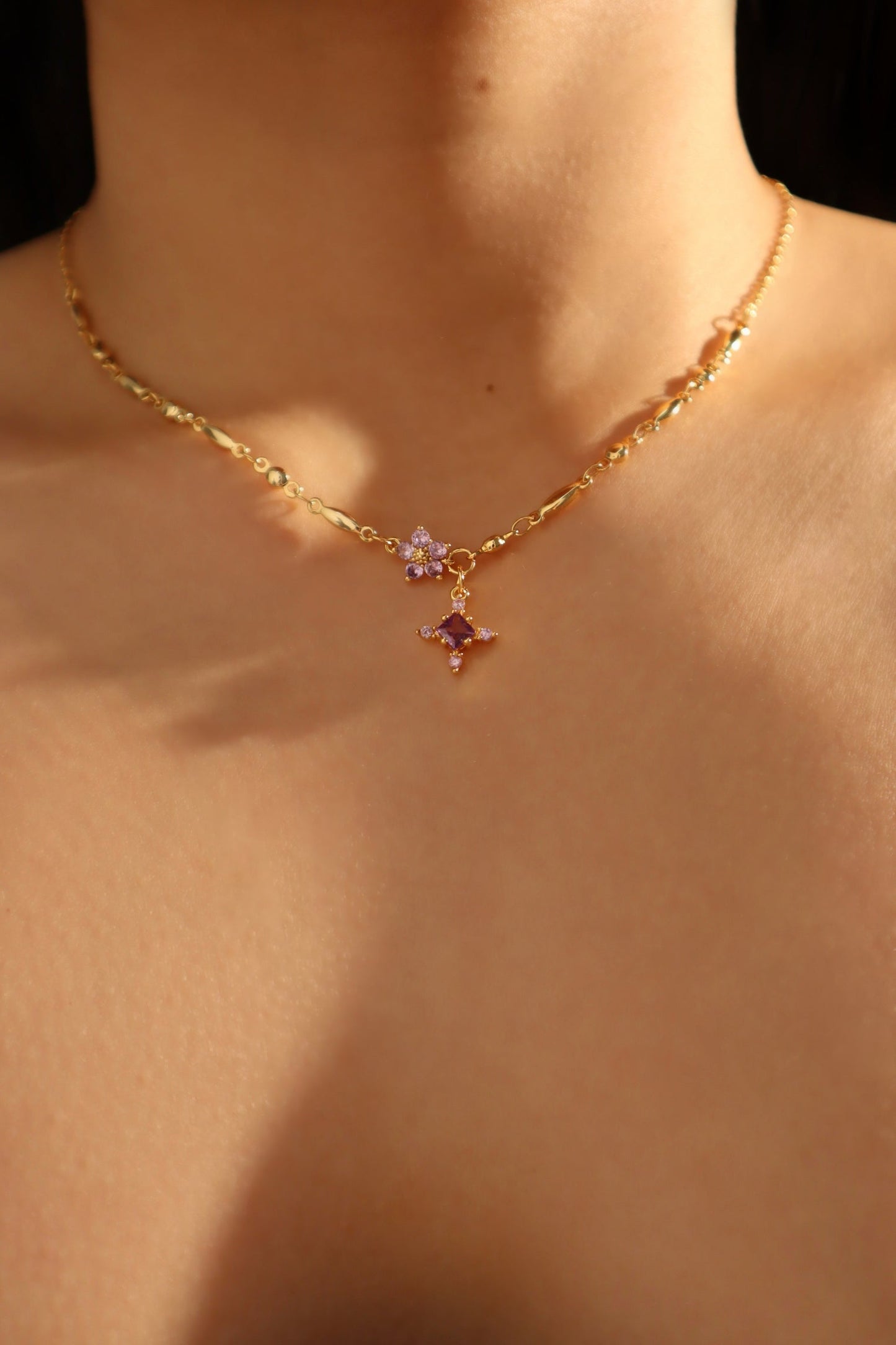 18K Real Gold Plated Purple Diamond Cross Necklace