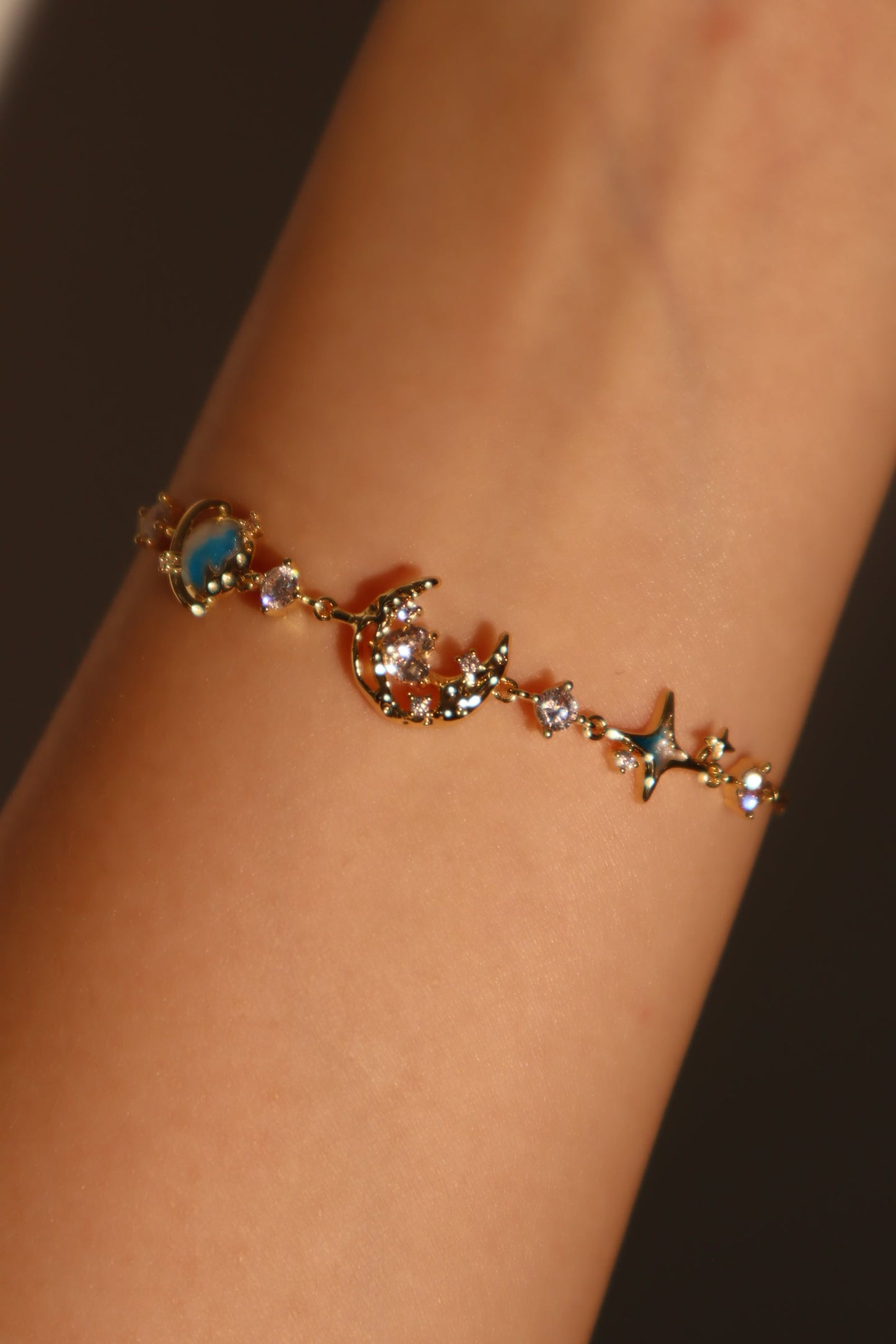 14K Real Gold Plated Blue Star Moon Bracelet