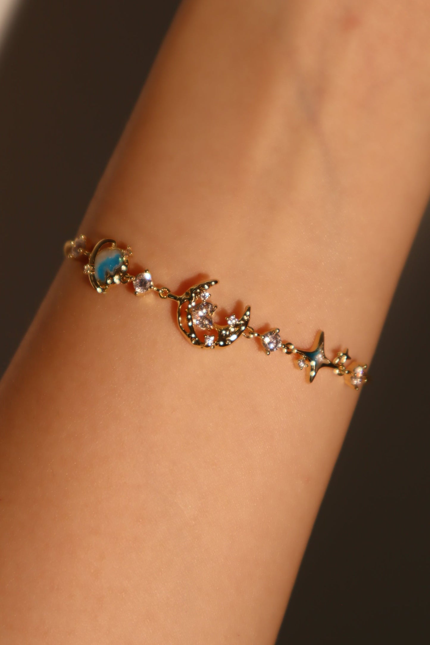 14K Real Gold Plated Blue Star Moon Bracelet