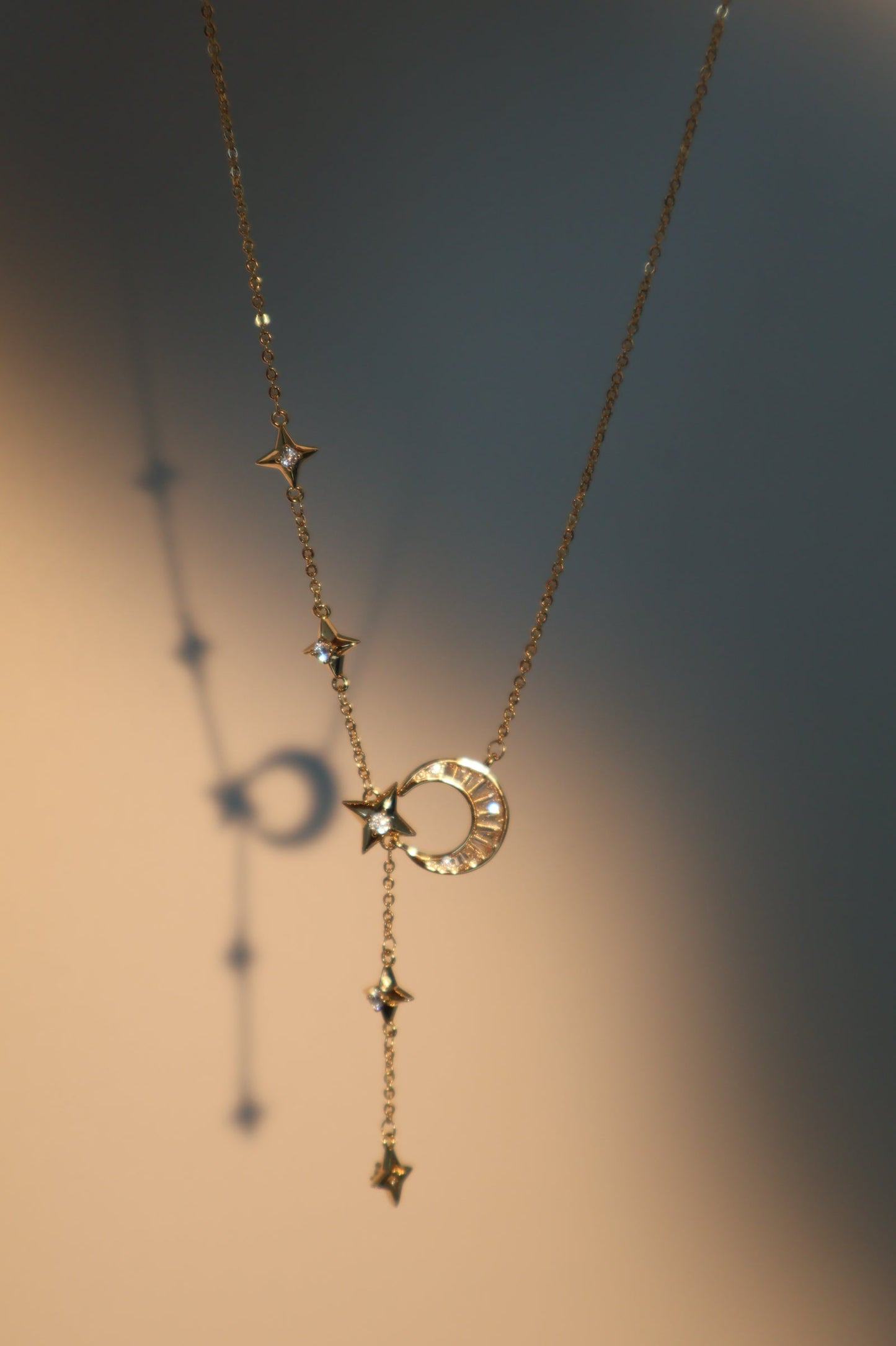 14K Real Gold Plated Diamond Moon Star Dangle Necklace