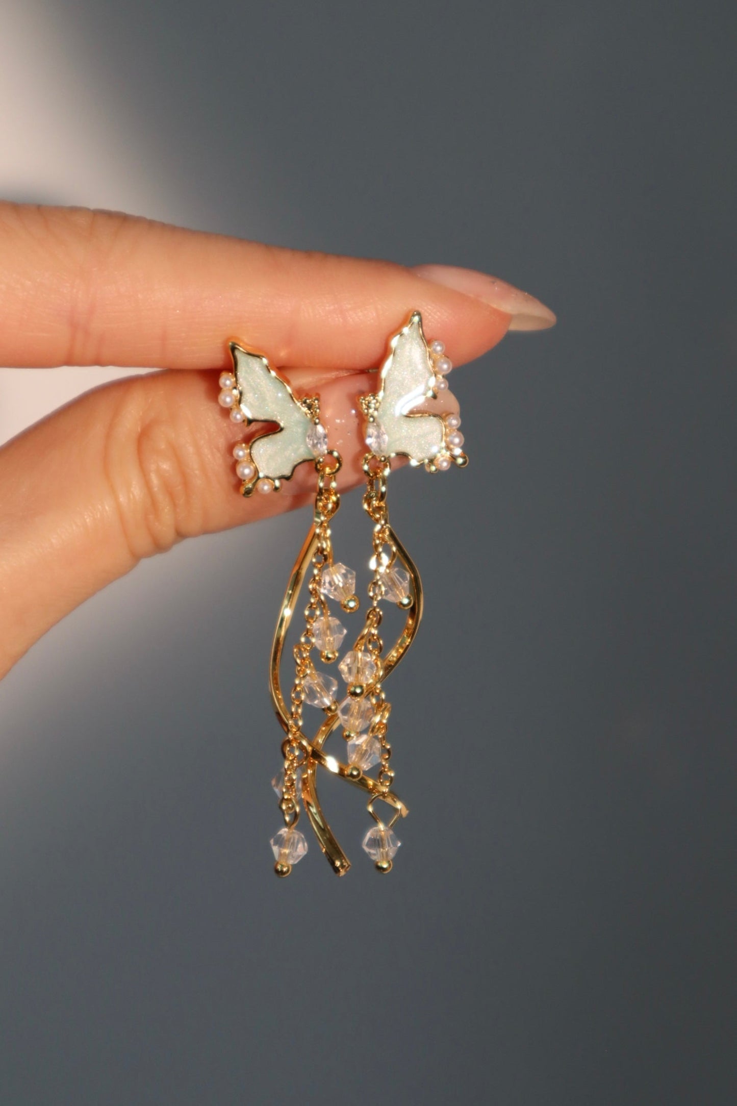 18K Real Gold Plated Butterfly Pearls Dangle Earrings