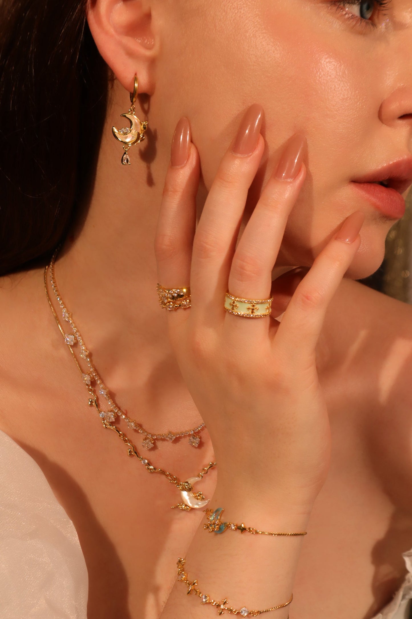 18K Real Gold Plated White Rose Moon Earrings