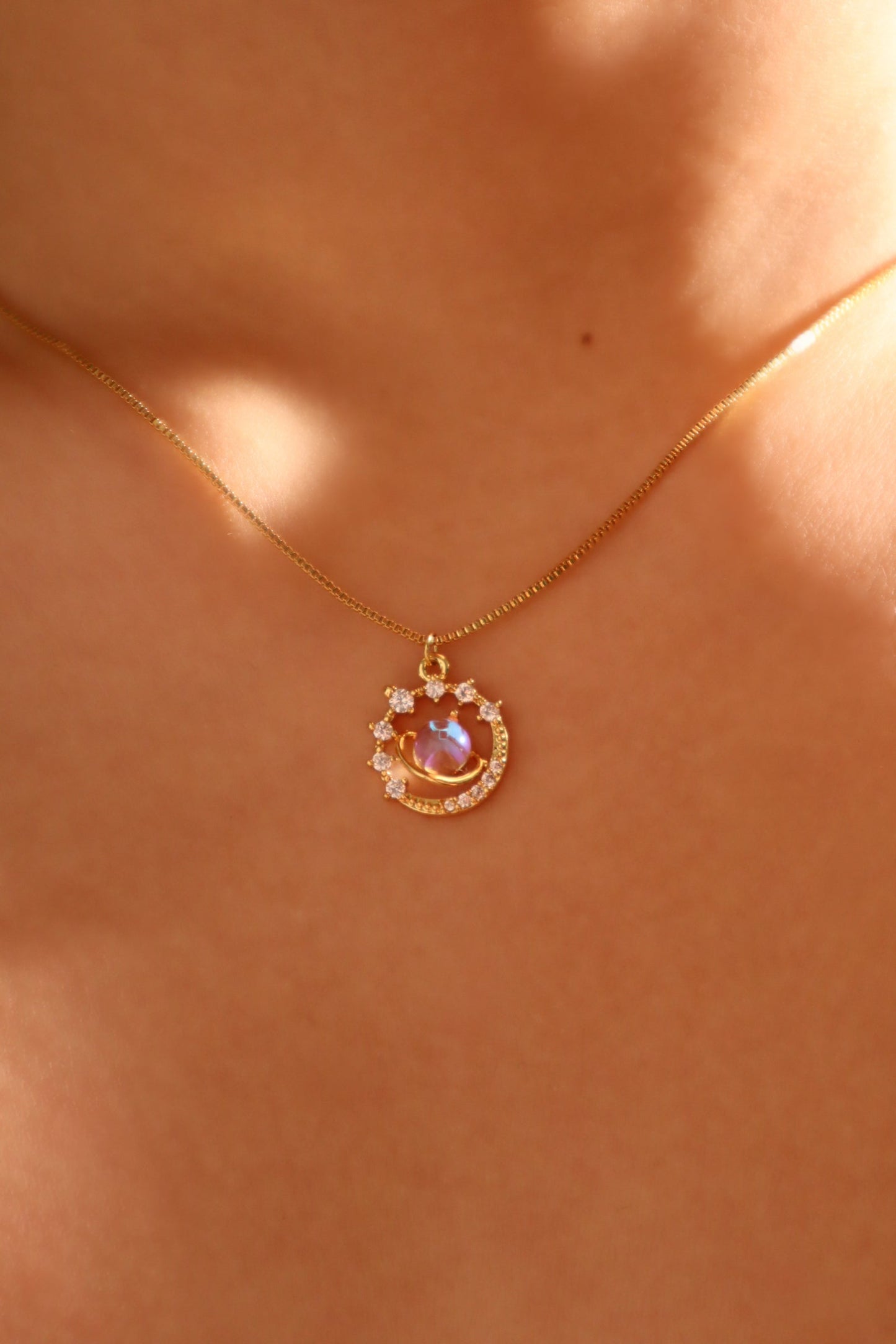 14K Real Gold Plated Moonstone Saturn Star Necklace