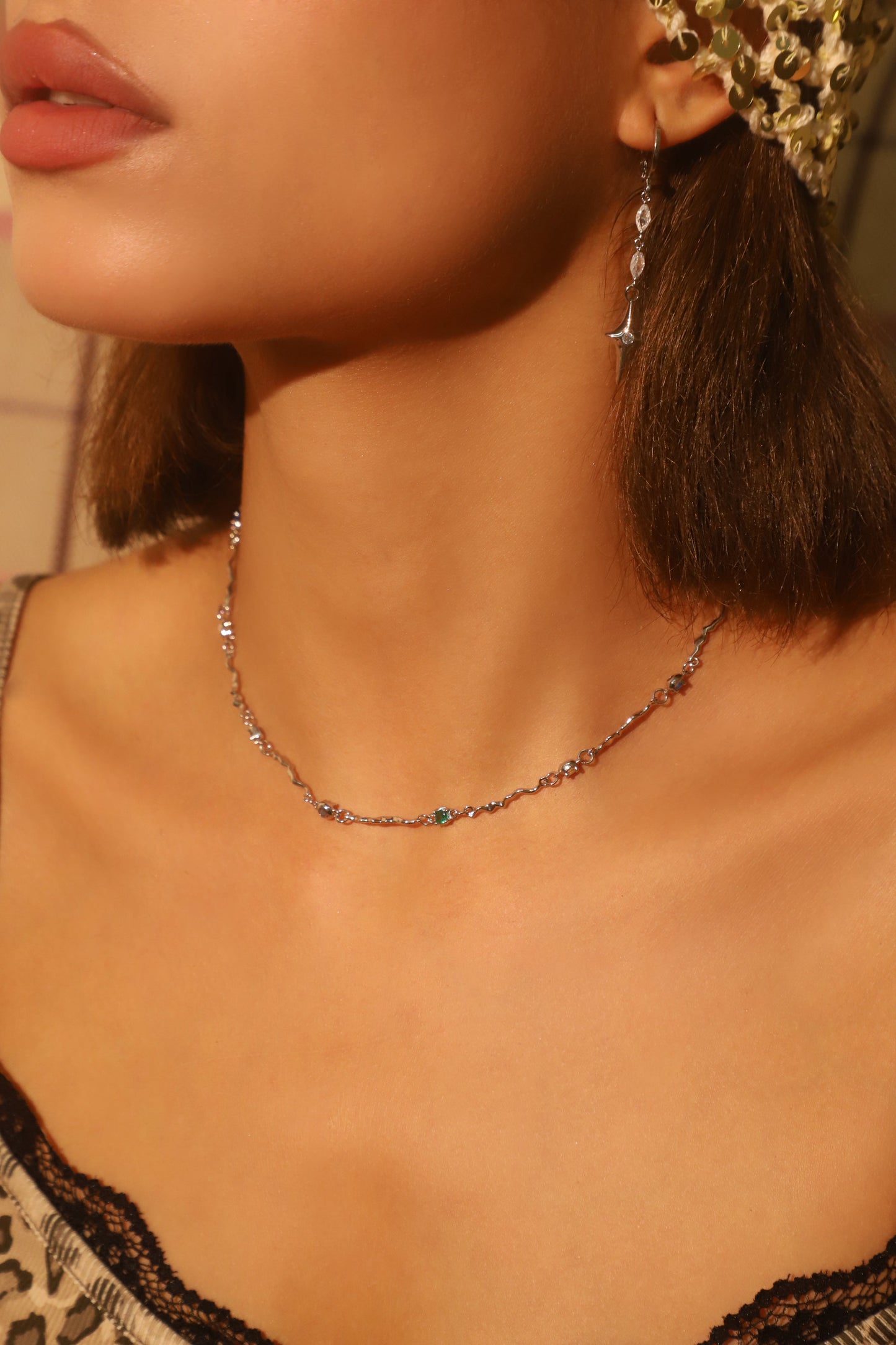 Platinum Plated Multi Color Gem Wave Necklace