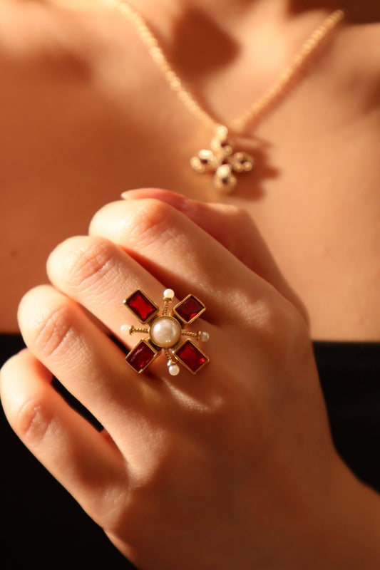 18K Gold Stainless Steel Red Cross Pearl Ring