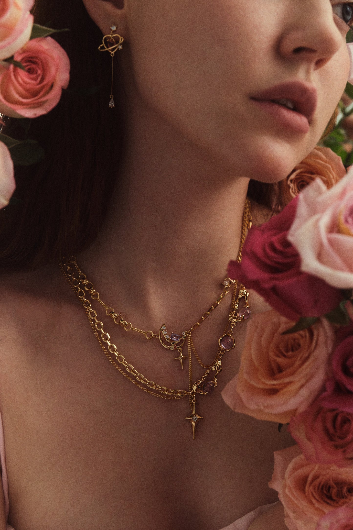 Rose Gold Plated Pink Gem Heart Earrings