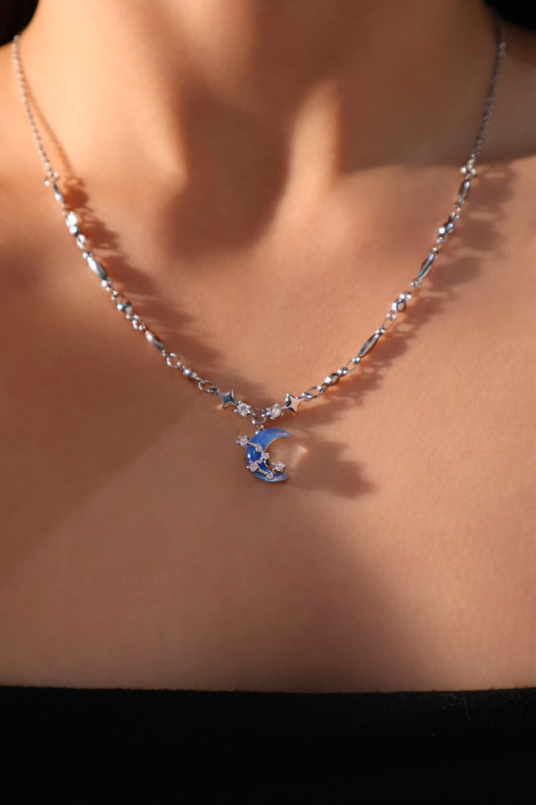 Platinum Plated Moonstone Moon Star Necklace