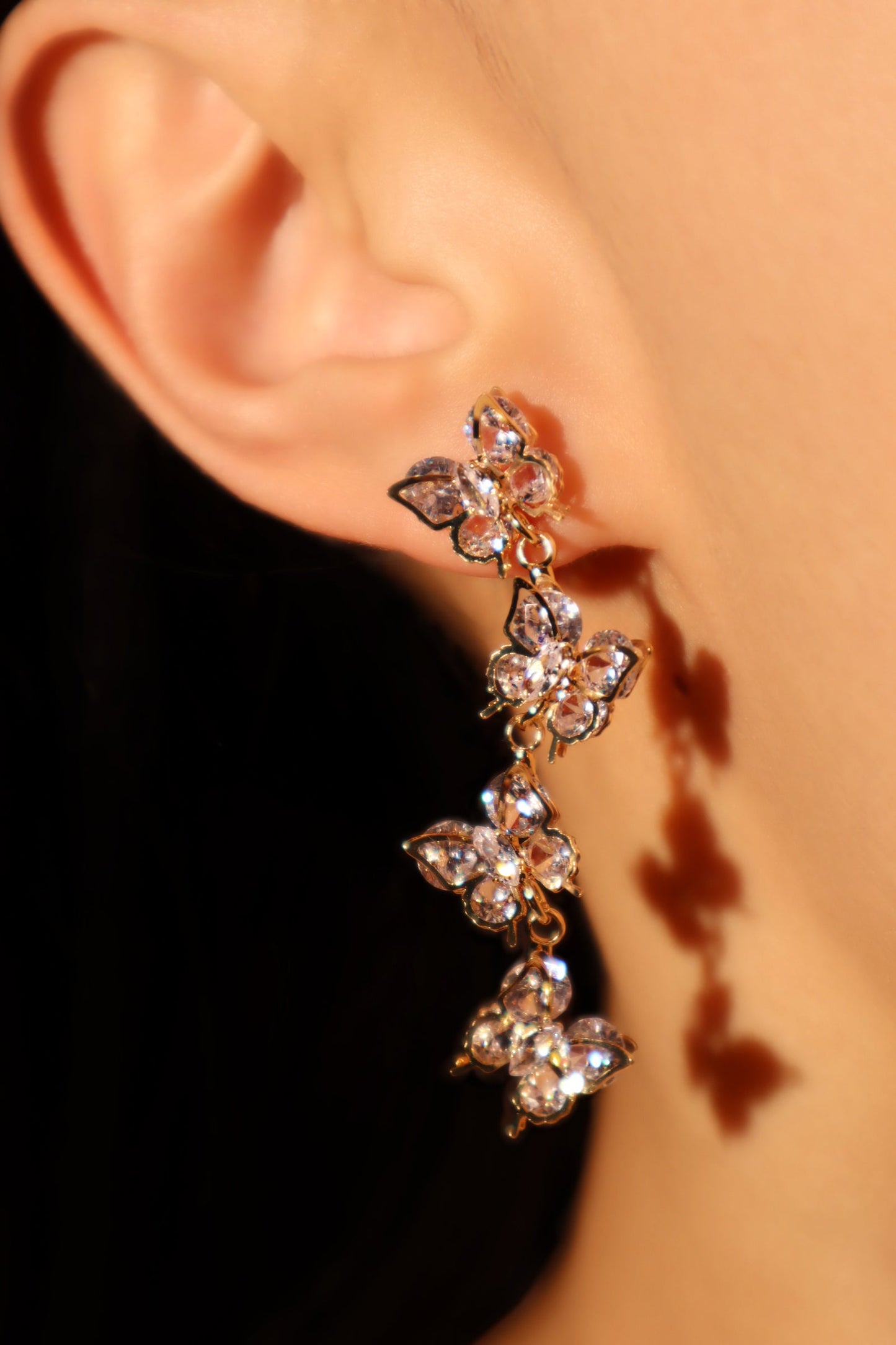 14K Real Gold Plated Diamond Butterfly Dangle Earrings